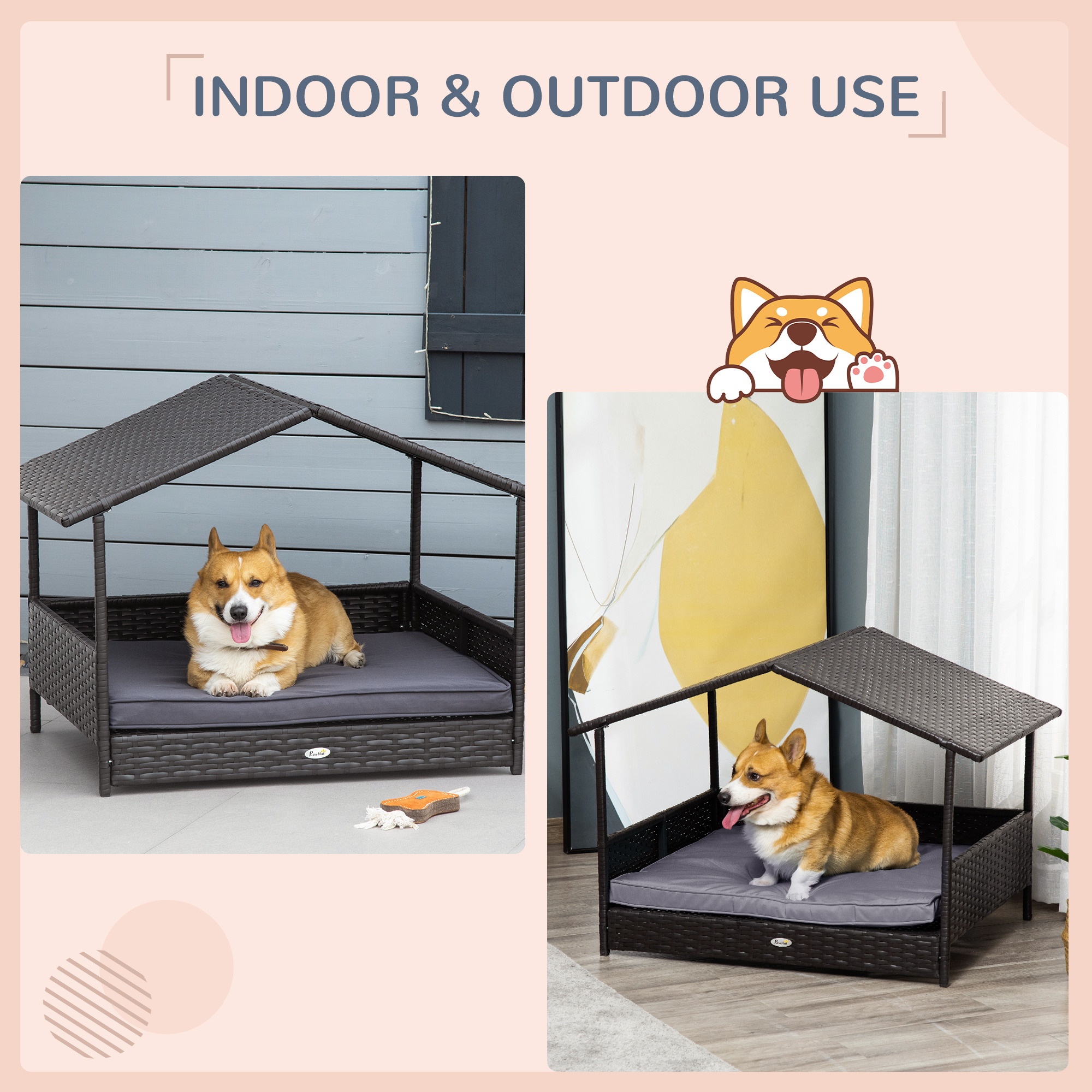 Casa de Perro en Rama Exterior con Tejado, Camarote para Mascotas con Almohada Resistente al Agua, Colchón Elevado para Razas Pequeñas y Medianas hasta 30 kg, 50 cm de Largo, Ramo Marrón, Almohada Gris — imagen 6