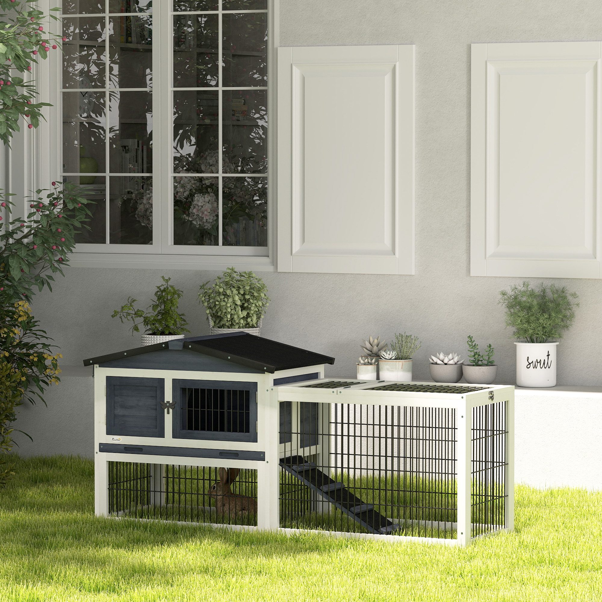 2 Level 59" Outdoor Rabbit Hutch with Openable Top, Dark Gray — imagen 1