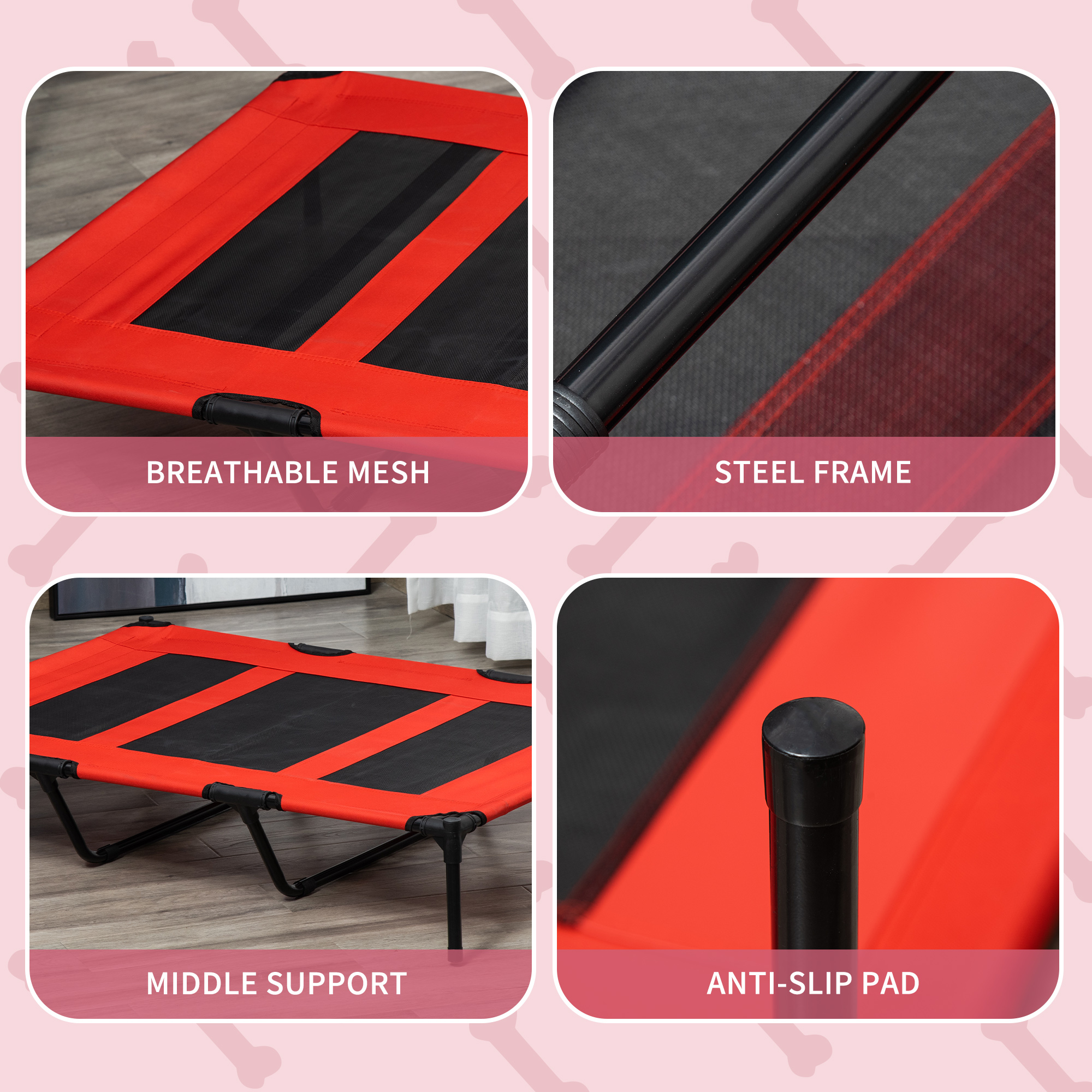 Cama para Perros Elevada XL, Cama de Perro Al Aire Libre con Soporte Metálico y Malla Respirable para Interior y Exterior Rojo — imagen 7