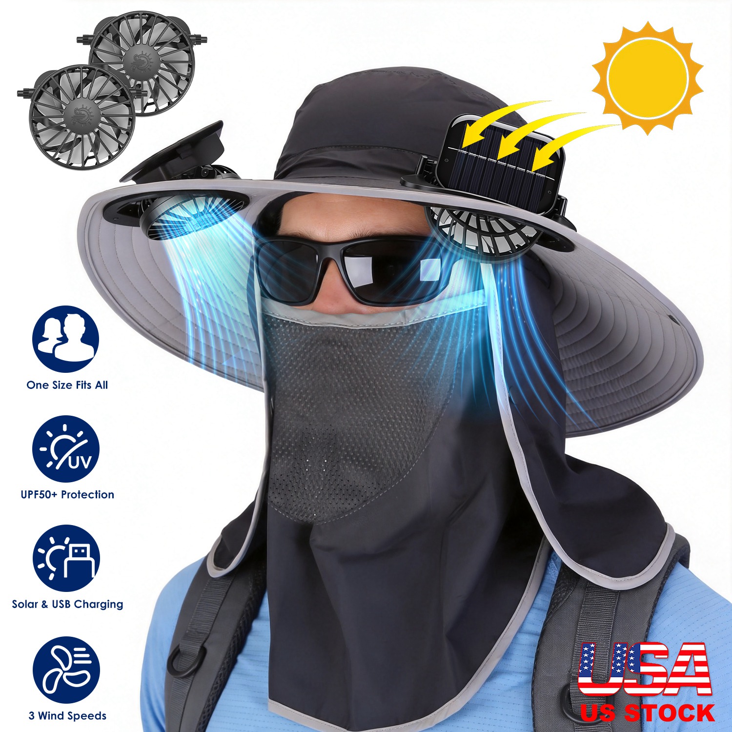 Sombrero con Ventilador Solar 2 en 1 UPF50 Sombrero para el Sol con Ventiladores, Sombrero de Pesca de Ala Ancha con Cubrecara y Protector de Cuello, Carga USB Solar Para Senderismo, Jardinería, Trabajo al Aire Libre — imagen 26
