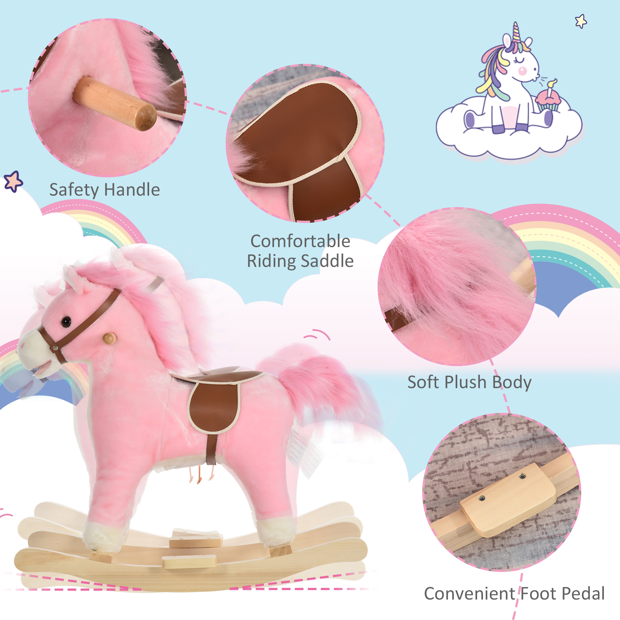 Rocking Horse Plush Animal on Wooden Rockers, Baby Rocking Chair with Sounds, Moving Mouth, Wagging Tail, Pink — image 2