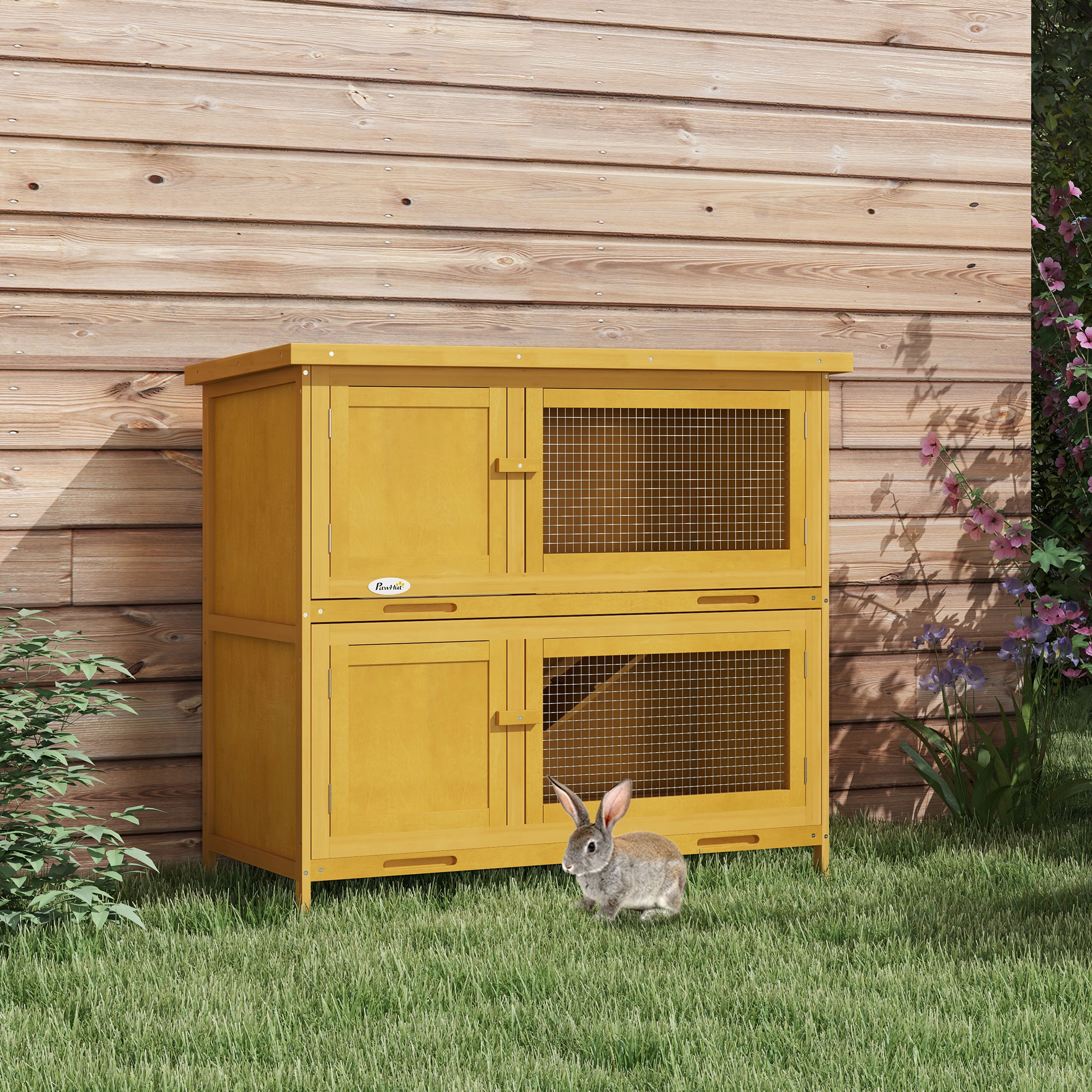 Caja para Conejos de Madera con Rampa, Interior/Exterior, Amarillo — imagen 1
