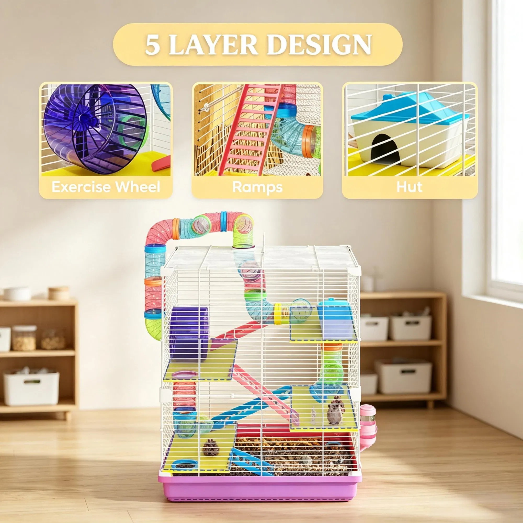 Pink 5-Tier Portable Hamster Cage for Short Trip Outing, Small Animal Travel Carrier with Tunnel Tubes — image 2