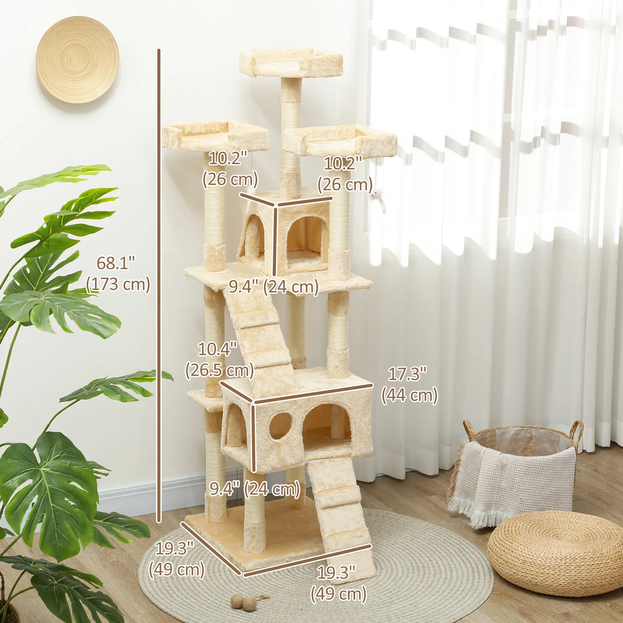 68-inch Multi-Level Cat Scratching Tree Kitty Activity Center Post Tower Condo Pet Furniture w/ Toy Beige — image 6
