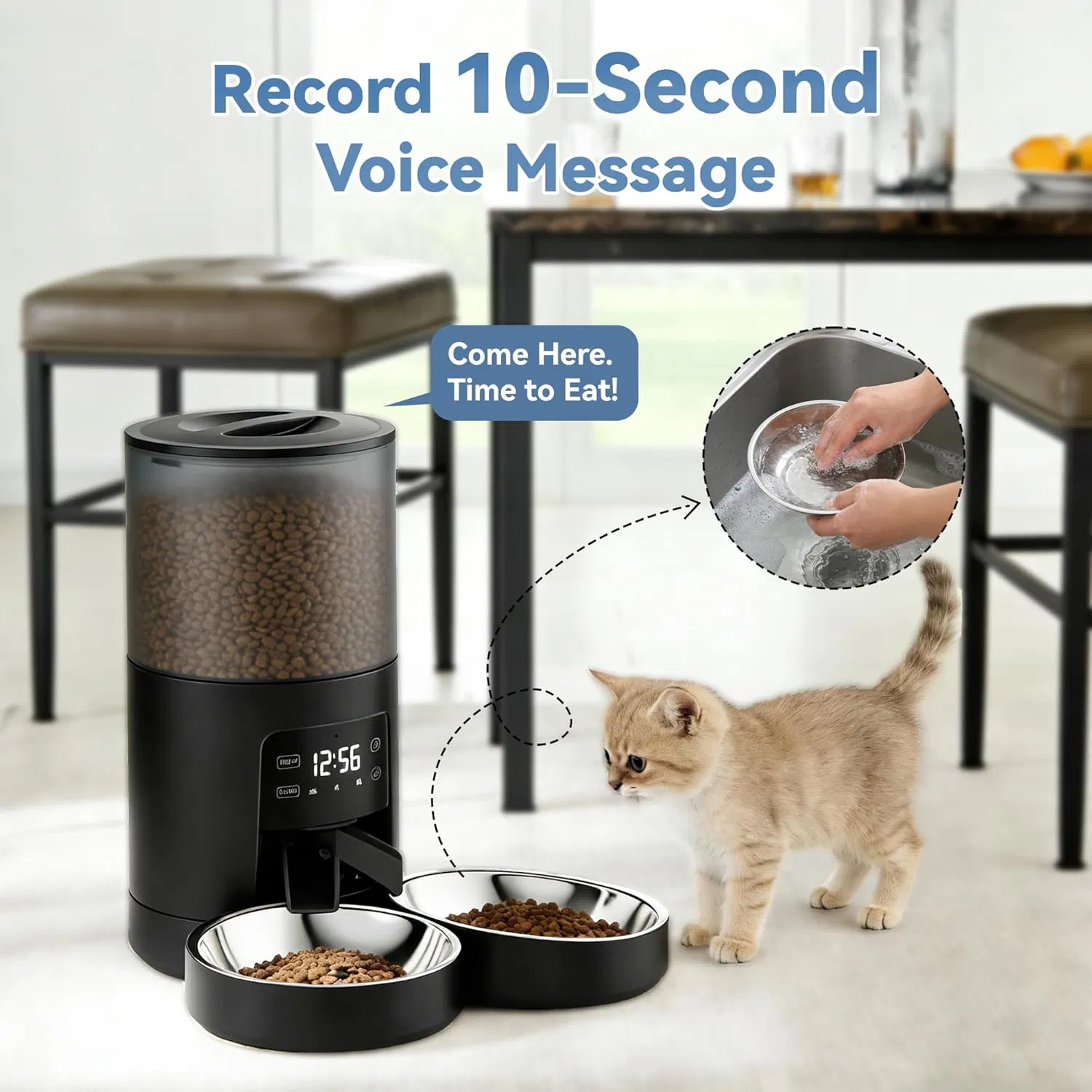 Automatic Cat Feeder for 2 Cats, Timed Cat Food Dispenser with 2 Stainless Bowls, 10s Voice Recorder, Dual Power Supply, 6 Meals 50 Portions Per Day, Dual Pet Feeder for Cat and Dog — image 3