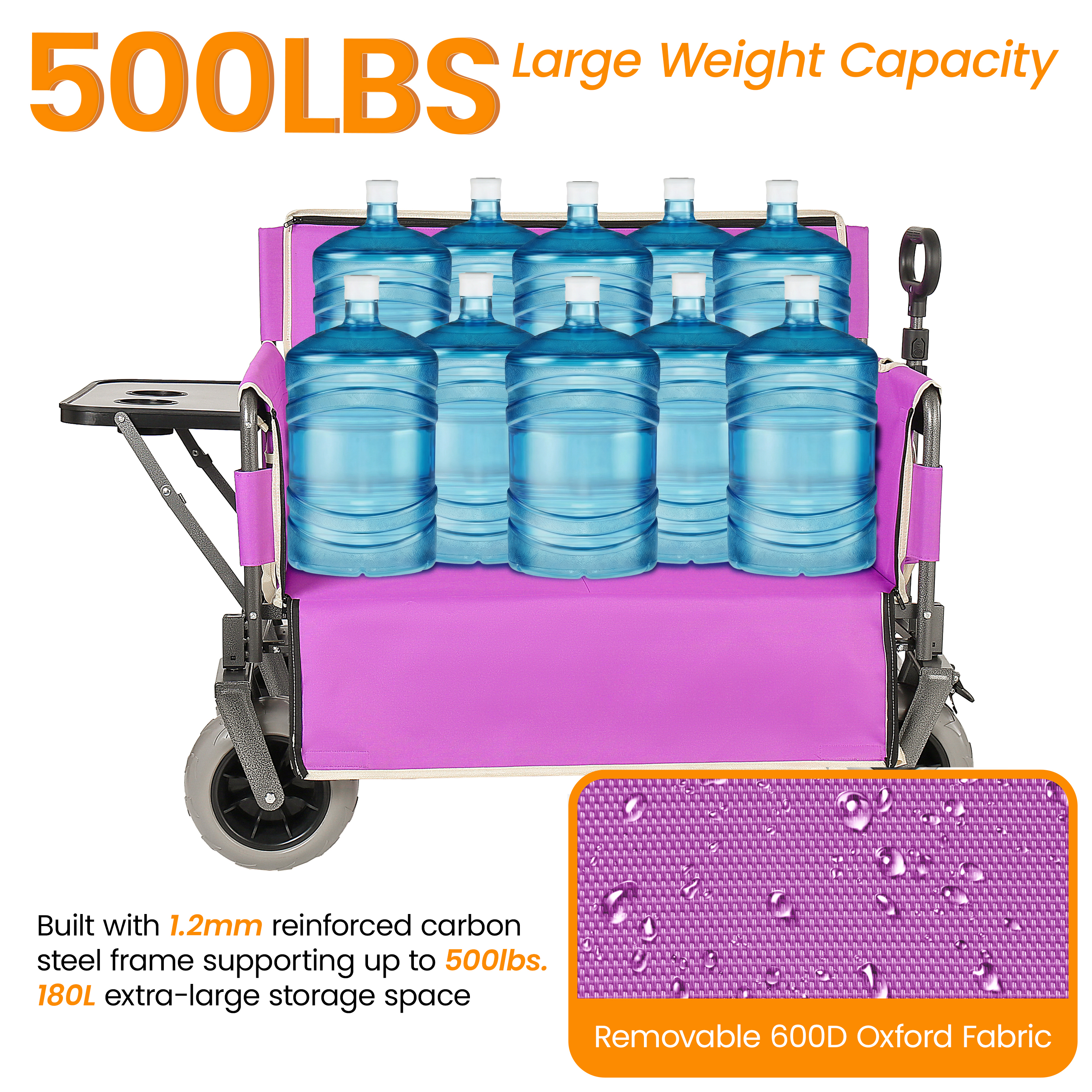 Carreta Plegable 3 en 1 que se Convierte en Banco, Carrito Plegable Convertible con Mesa Plegable Trasera, Resistente hasta 500lbs, Capacidad de 180L, para Camping, Playa, Jardín y Pesca - Morado — imagen 4