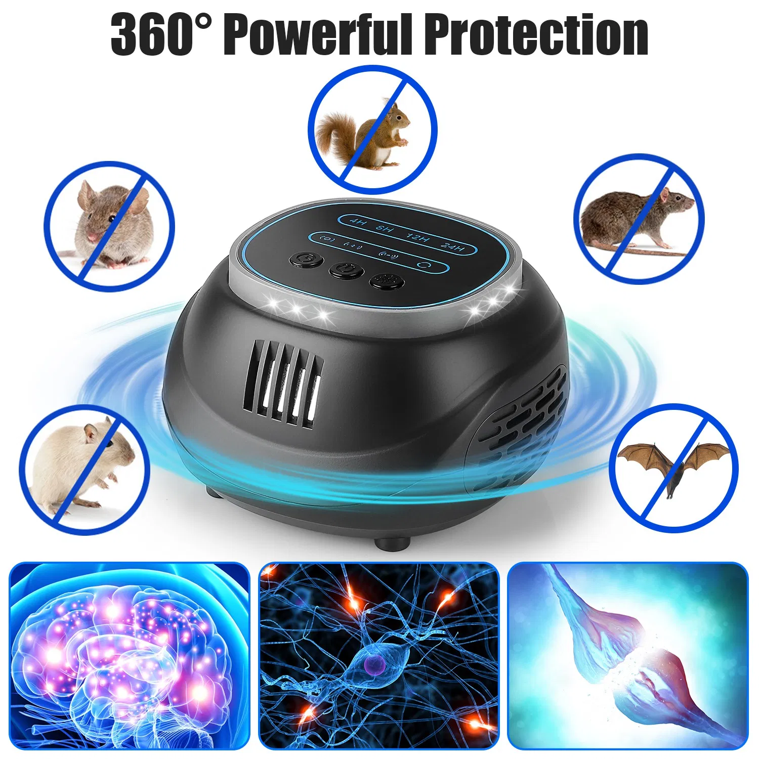Ultrasonic Rodent Chaser Rat Repellent Pest Driver Mouse Control Squirrel Repeller With 4 Modes 4-65KHz Strobe Light 4 Timer 1292sq.ft. Coverage For Rodent Mouse Rats Squirrels Bats GPCT5491 — image 2