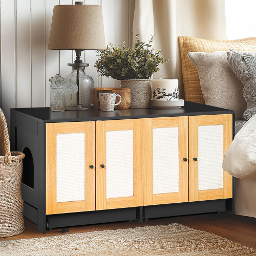 Caja de Limpieza para Gatos Doble con Puertas de Rattán, Encierro de Caja de Arena para 2 Gatos, Mueble de Arena Oculta con Panel de Escarificado para Gatos, 47" L x 19.8" A x 21.8" H, Negro — imagen 1