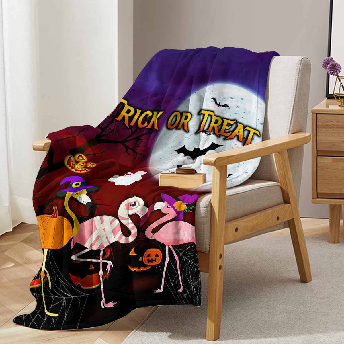Manta de Felpa Halloween con Flamingos Rosas, Cozina y Caliente para Hogar, Cama, Sofá, Camping y Uso Múltiple para Todas las Estaciones — imagen 2