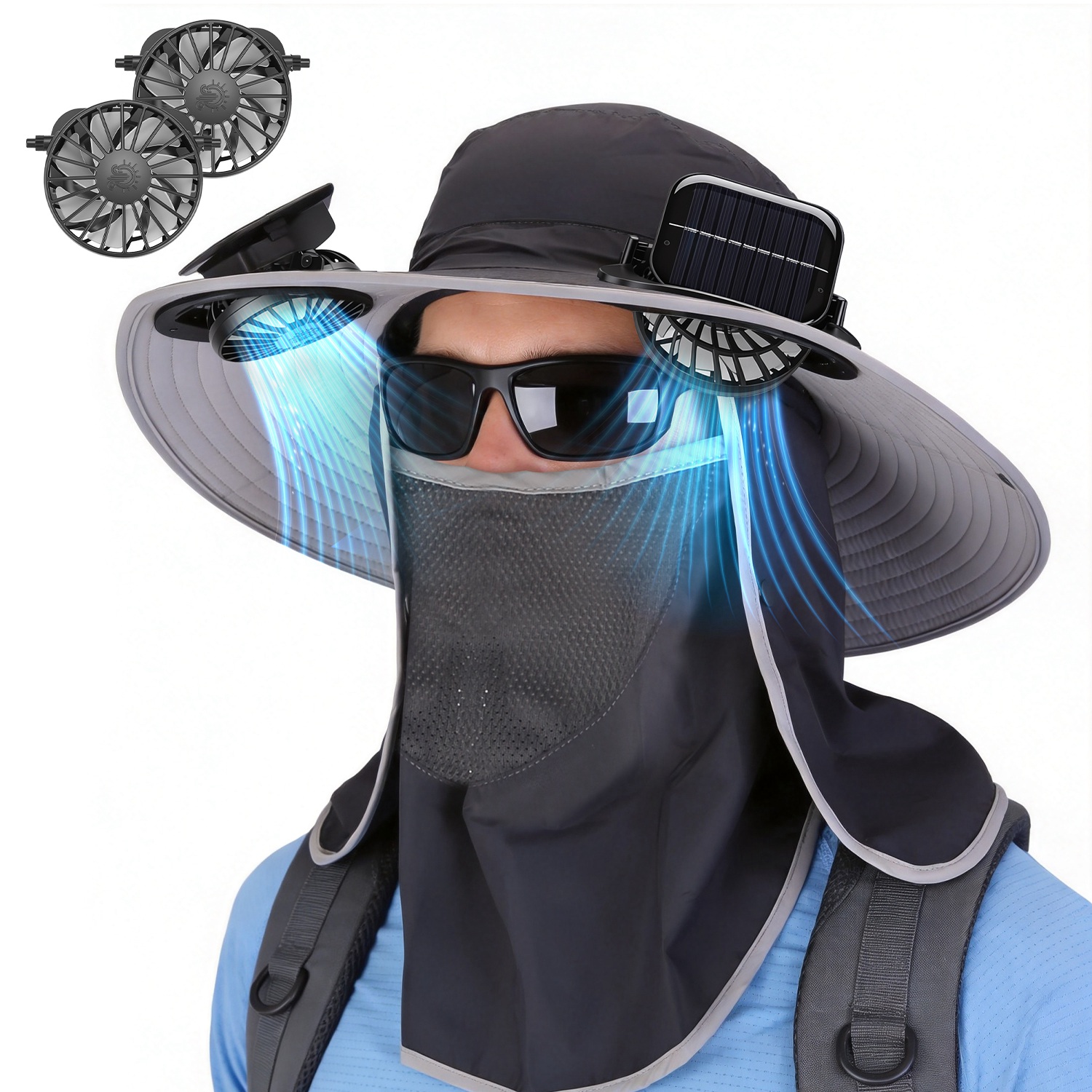 Sombrero con Ventilador Solar 2 en 1 UPF50 Sombrero para el Sol con Ventiladores, Sombrero de Pesca de Ala Ancha con Cubrecara y Protector de Cuello, Carga USB Solar Para Senderismo, Jardinería, Trabajo al Aire Libre — imagen 24