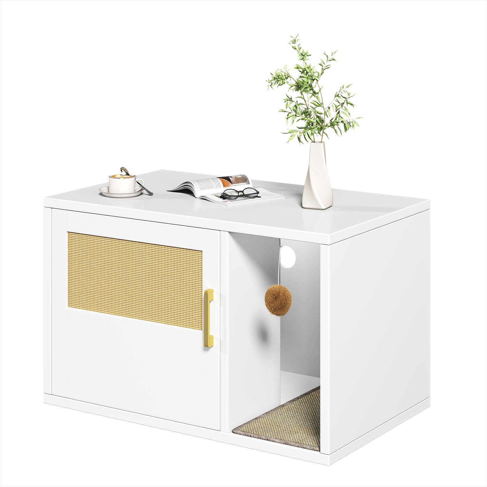 Caja de Limpieza para Gatos Multifuncional de Diseño Blanco Moderno Casa para Gatos con Lavabo y Mesa de Sílabo para Dormitorio y Salón — imagen 14
