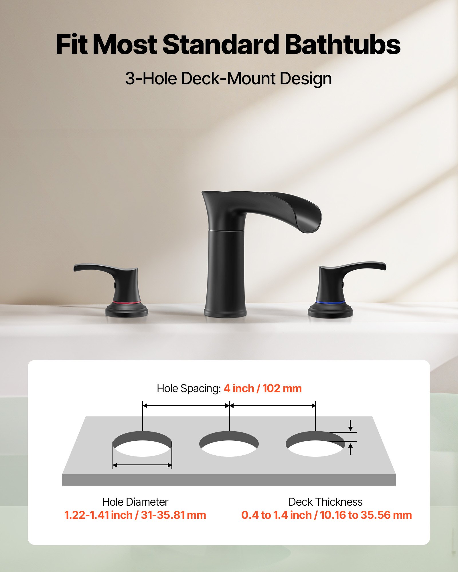 Fregadero de Baño Romano con 3 Hocicos, Cascada para Ducha de Baño, Conjunto de Grifos de Zinc para Tinas de Baño con 2 Manijas, Montaje en Fachada para Lavado de Mascotas, Cuidado Infantil y Adulto, Negro Mate — imagen 5