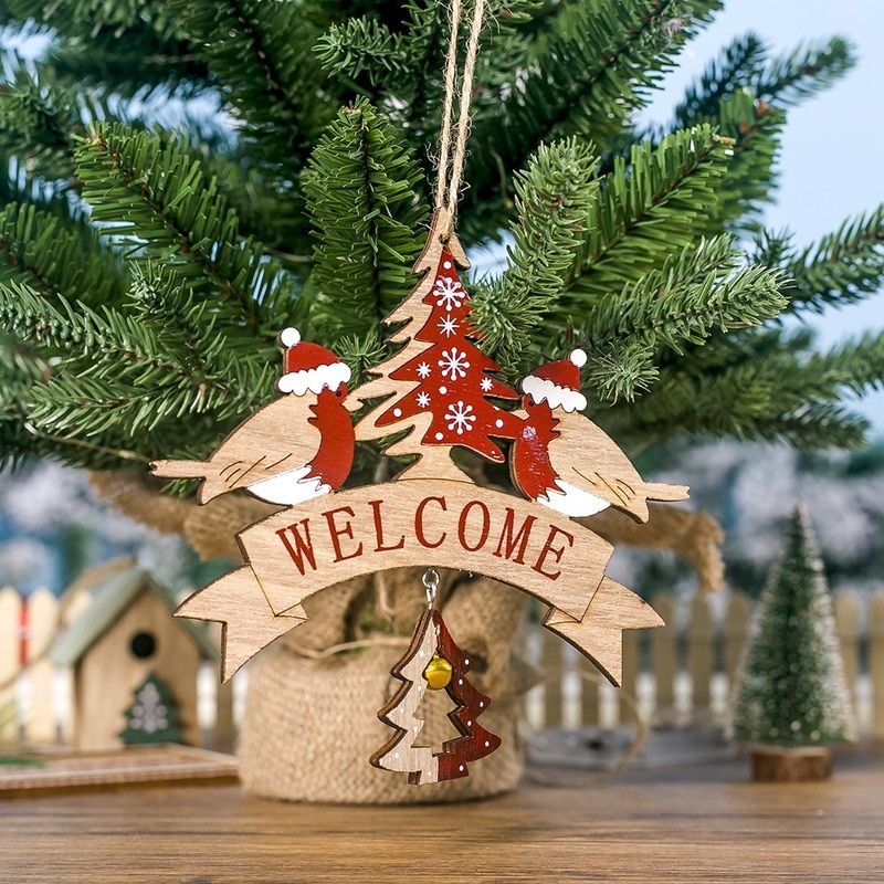 Decoraciones Navideñas de Madera Letras Impresas Árbol de Navidad Ciervo Pájaros Campanas Pendiente Decoración para Árboles Navideños — imagen 2