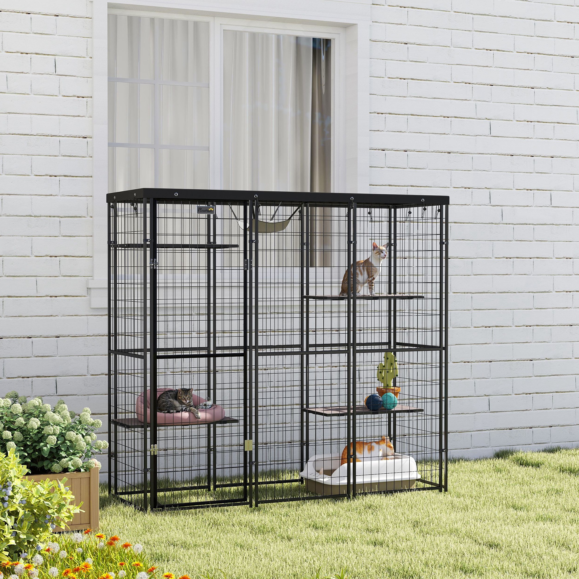 Weld Wire Catio Outdoor Indoor with Waterproof Cover, 4 Jumping Platforms, Hammock, for 1-3 Kittens, 69" x 22" x 62" — image 8