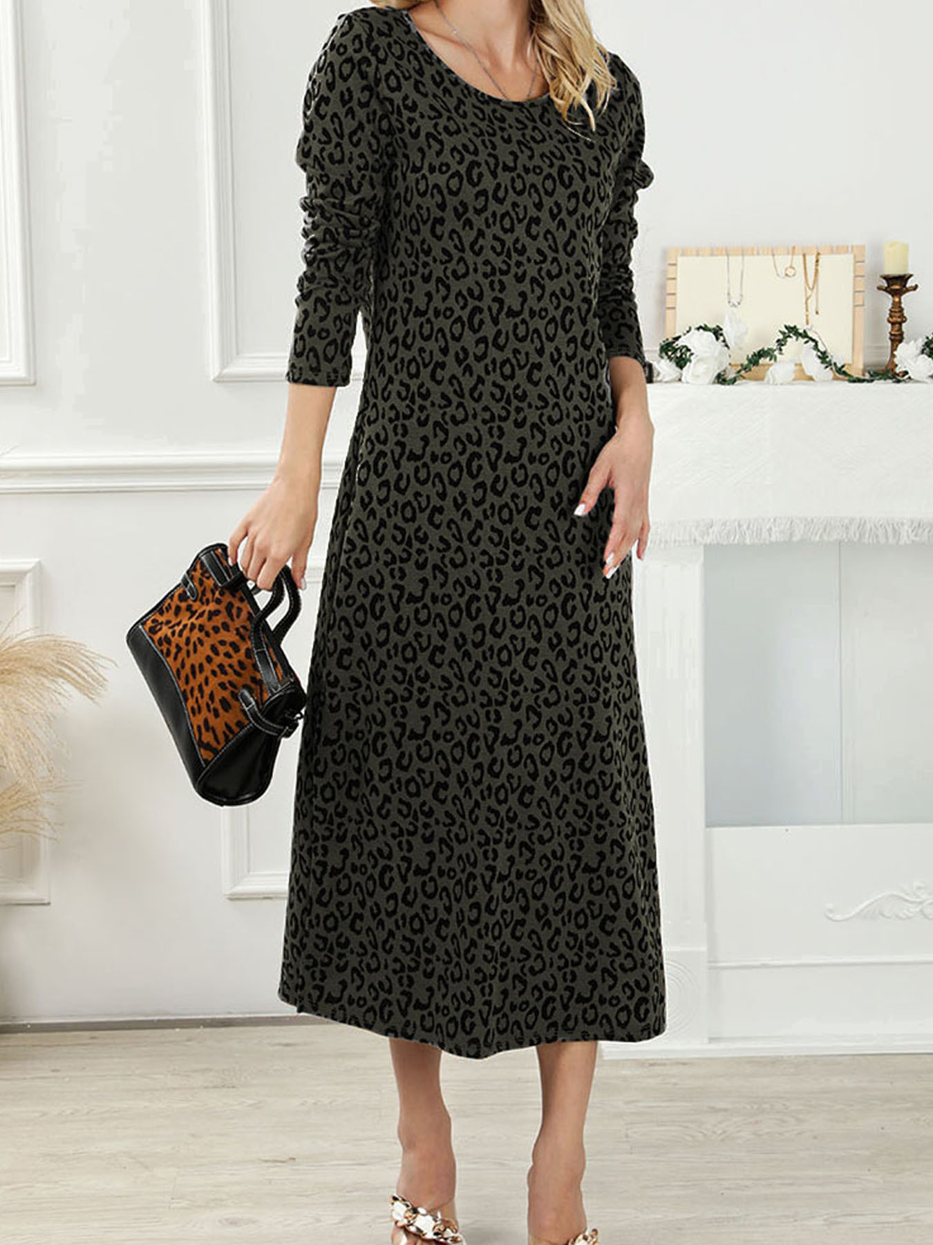 Vestido de Mujer Vintage con Estampado de Leopardo en Cuello Redondo y Manga Larga — imagen 8