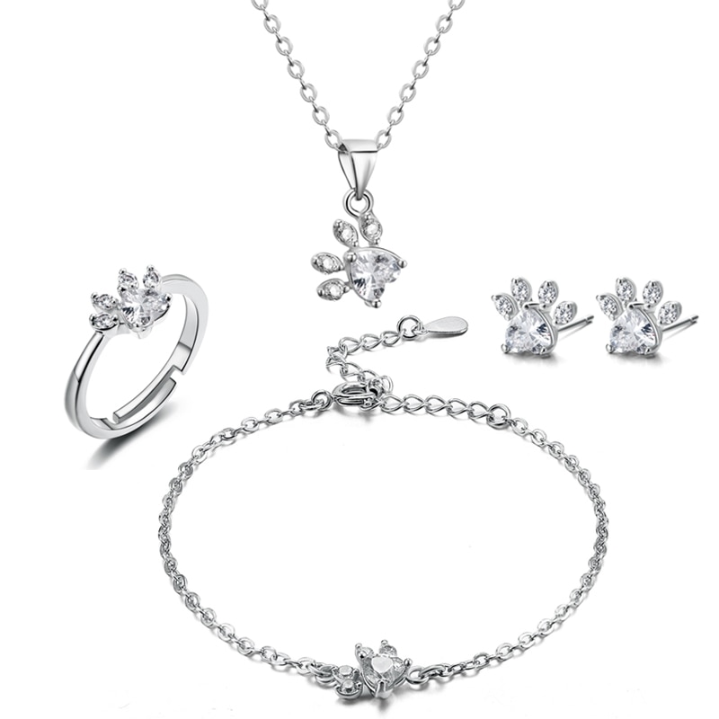 4 Piezas Anillo de Huellita de Gato, Oso y Perro para Mujer, Set de Joyería con Piedra CZ Blanca, Anillos, Collar, Pulsera y Aretes en Plata y Oro — imagen 2