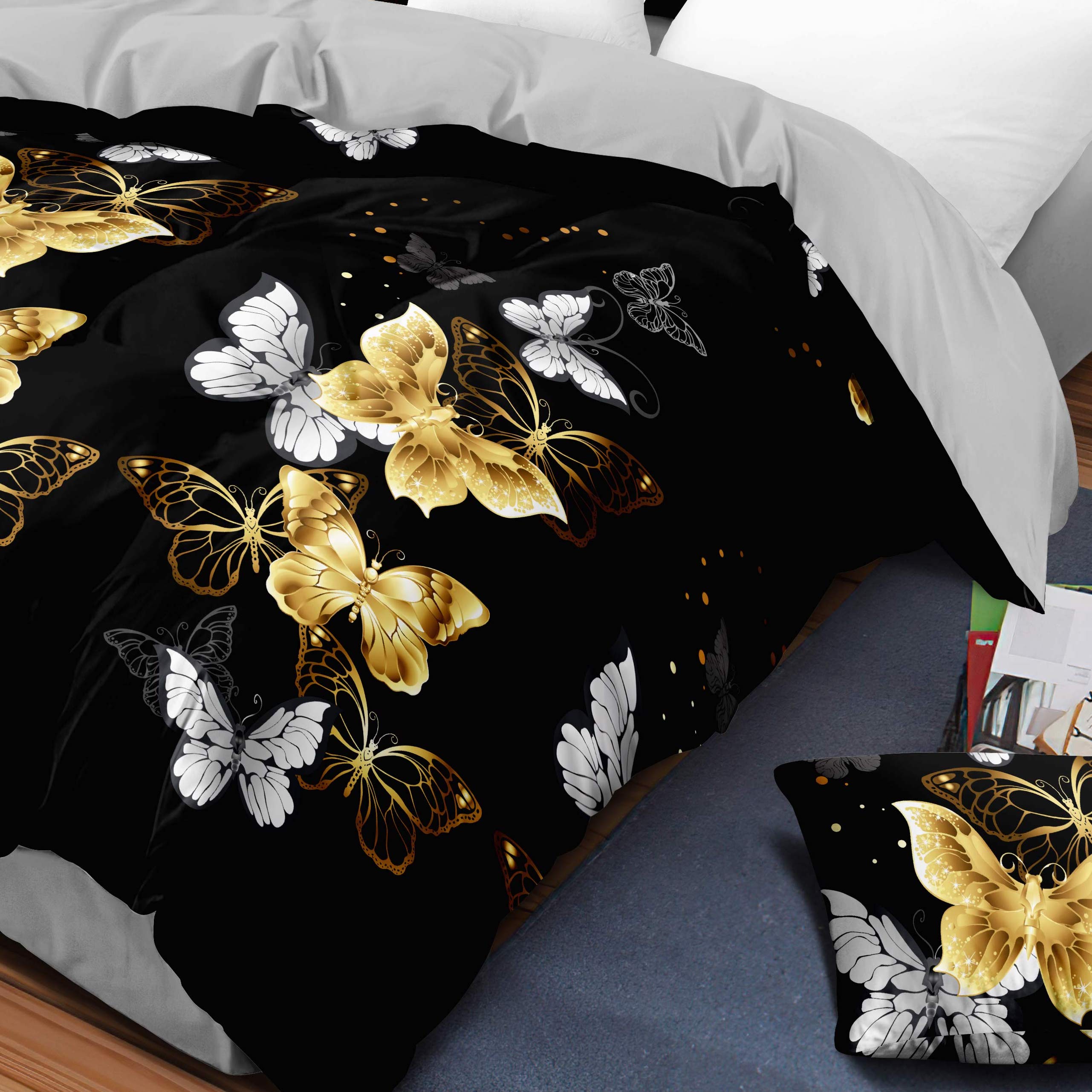 Set de Edredón y Cortinas de 9 Piezas 'Habitación en una Bolsa', Diseño Americano con Estampado de Mariposas Negro y Dorado, Colcha Gruesa con 6 Paneles de Cortina Personalizables, Apto para Mascotas de Alto Gramaje — imagen 4
