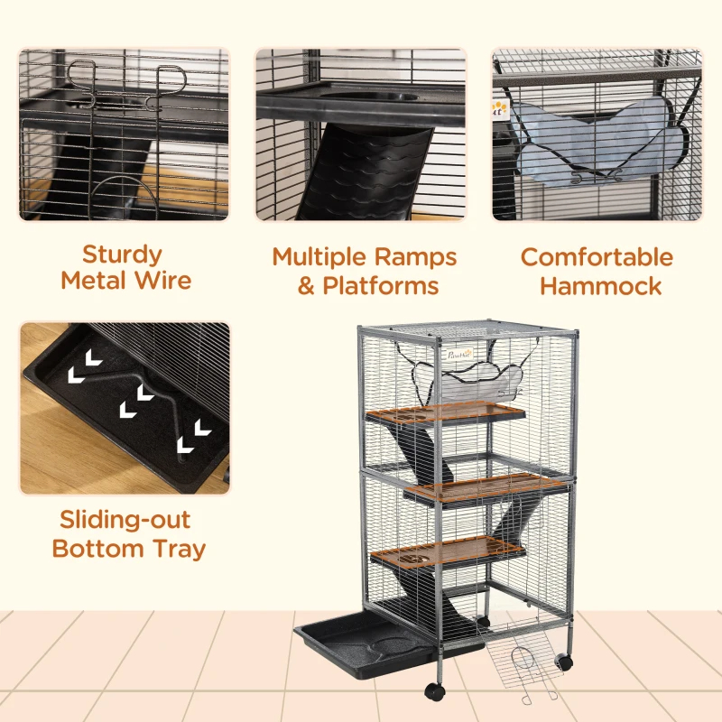 PawHut Metal Small Animal Cage Rolling Big Ferret Cage, Chinchilla Cage, Sugar Glider Cage, With Hammock & 4 Tiers, Removable Tray, Gray — imagen 11