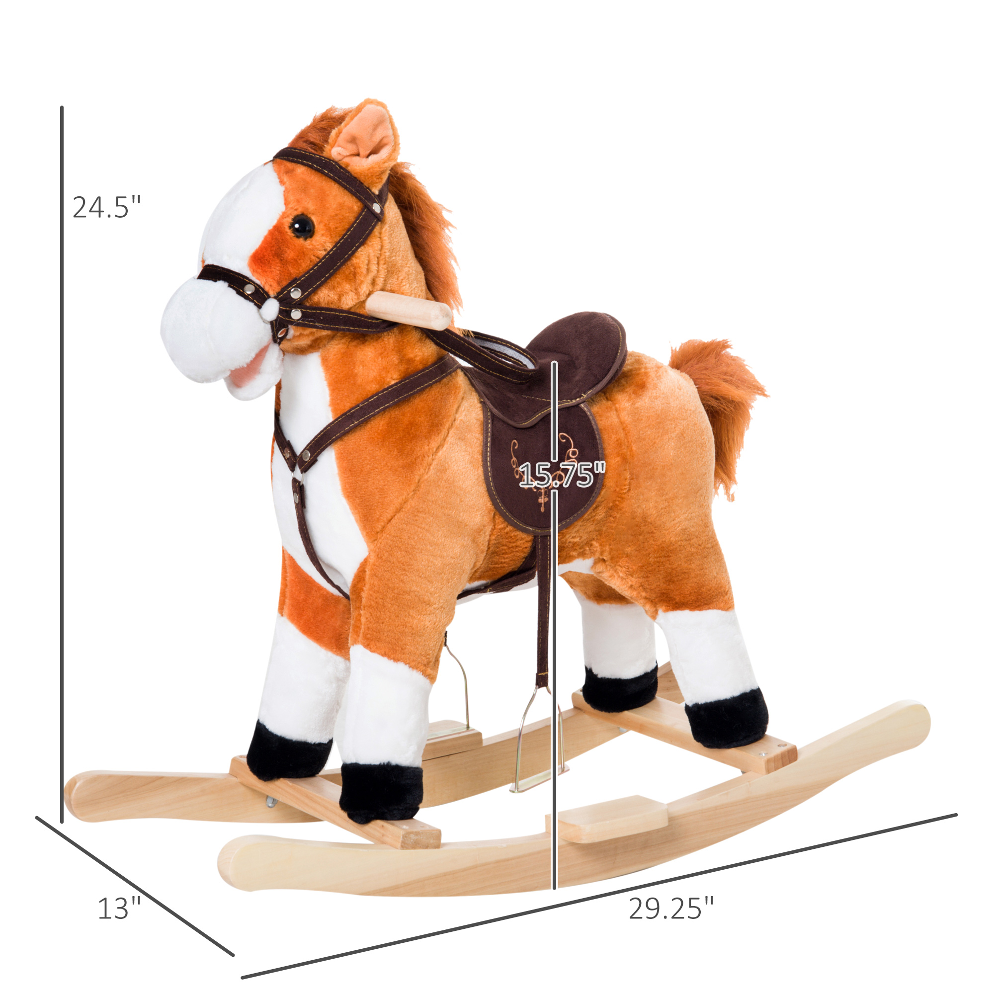 Caballo de Peluche para Niños, Silla de Montar de Madera, Caballo de Peluche con Sonidos Realistas y Cola Móvil para Bebés, Marrón — imagen 3