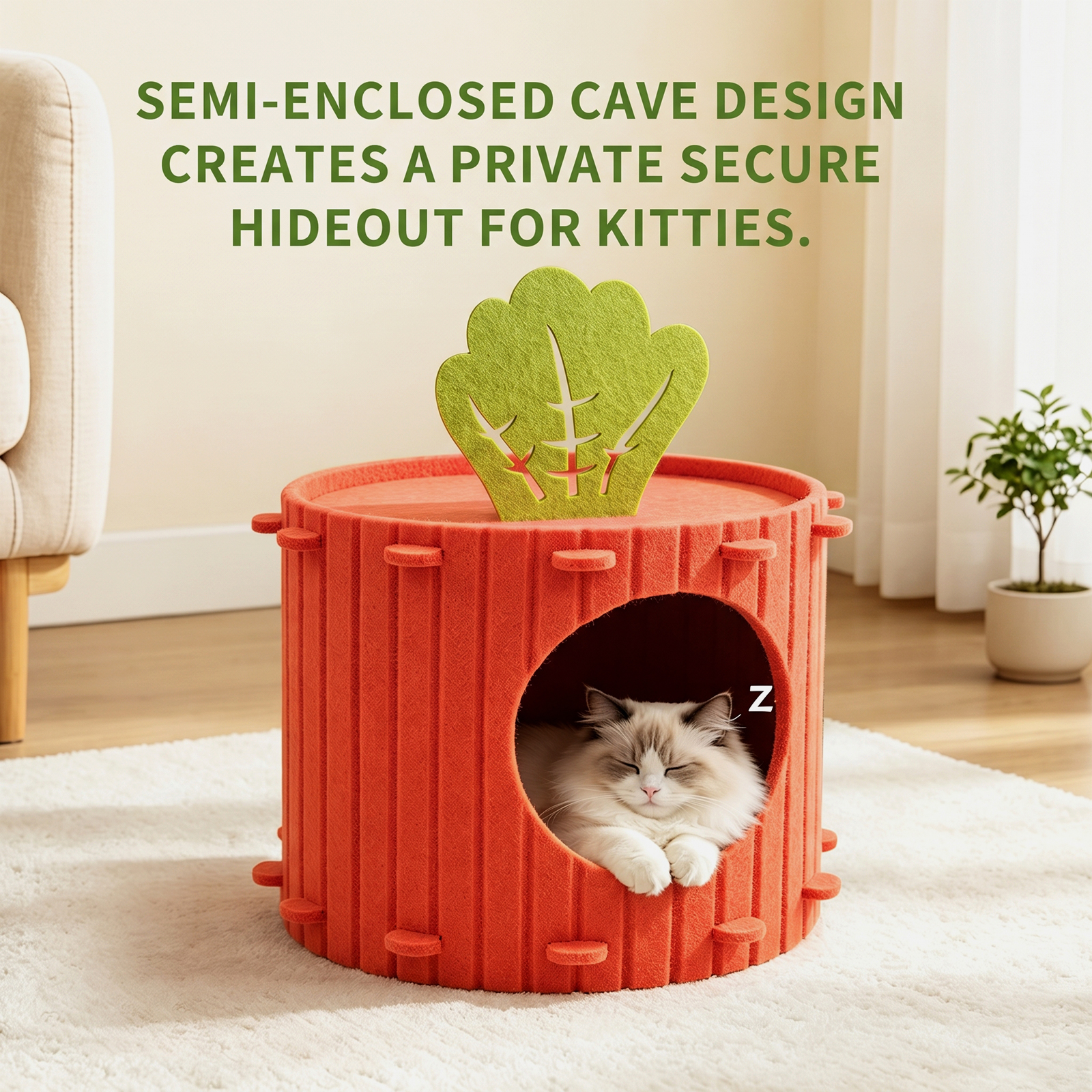 Carrot Shaped Felt Cat Cave Bed, Closed Indoor Cat House, Cozy Hideaway Nest For Small Medium Cats, Scratch Resistant Pet Shelter — image 3