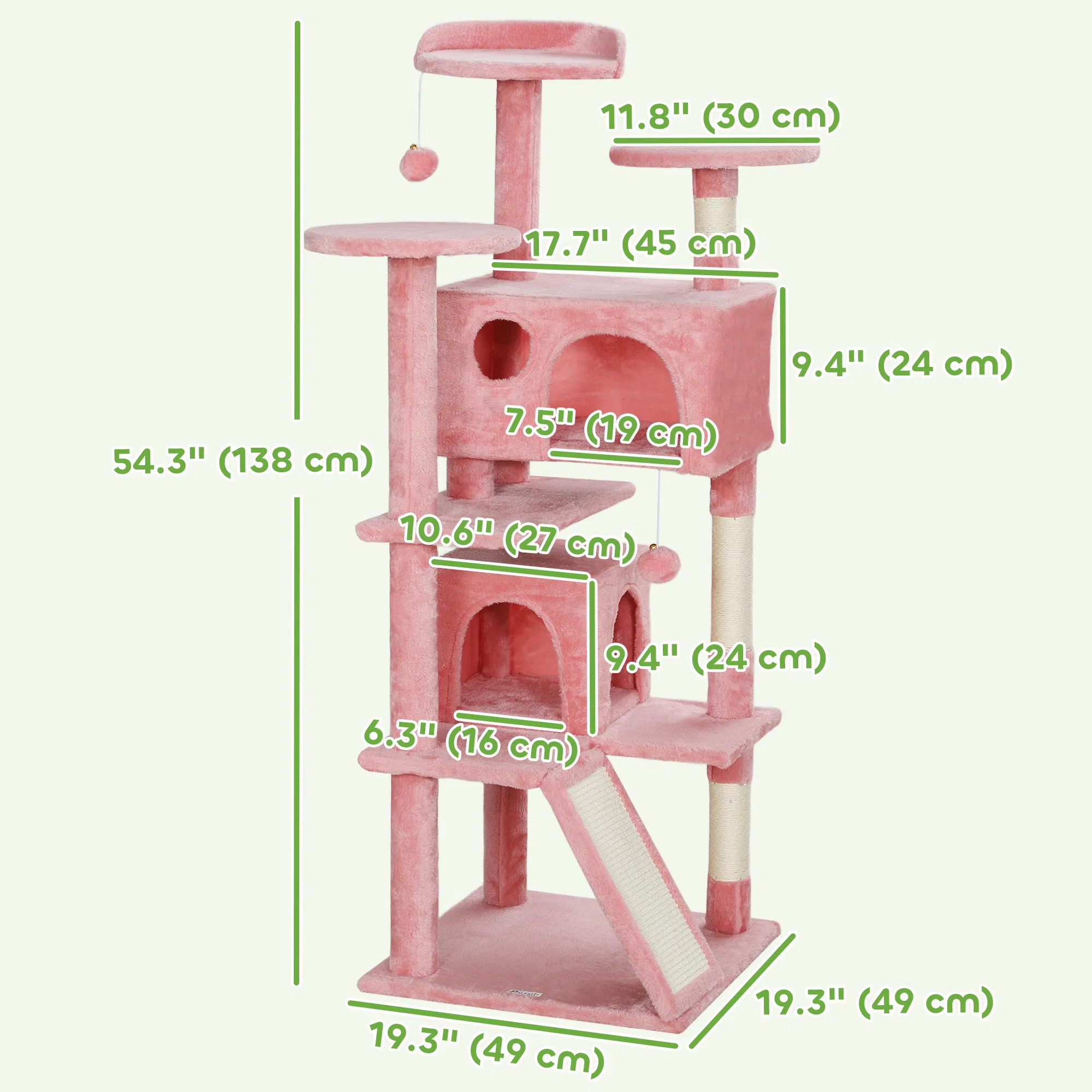 54" Cat Tree, Multi-Level Cat Tower with Scratching Posts, Cat Condos, Bed, Platforms, Ramp, Toy Ball, Pink — image 6