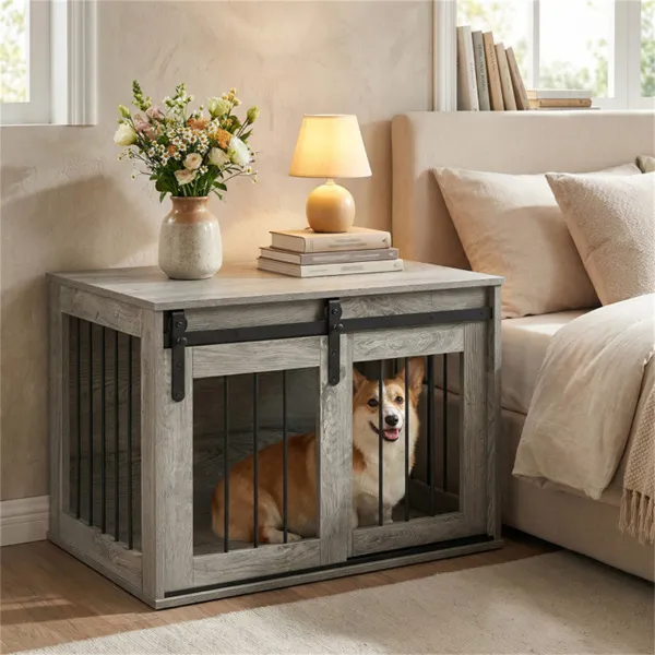 Jaula-Mueble para Perro de 31.5" con Puerta Corrediza Estilo Granero, Mesa Auxiliar/Casa para Perro de Madera para Interiores - Gris — imagen 2