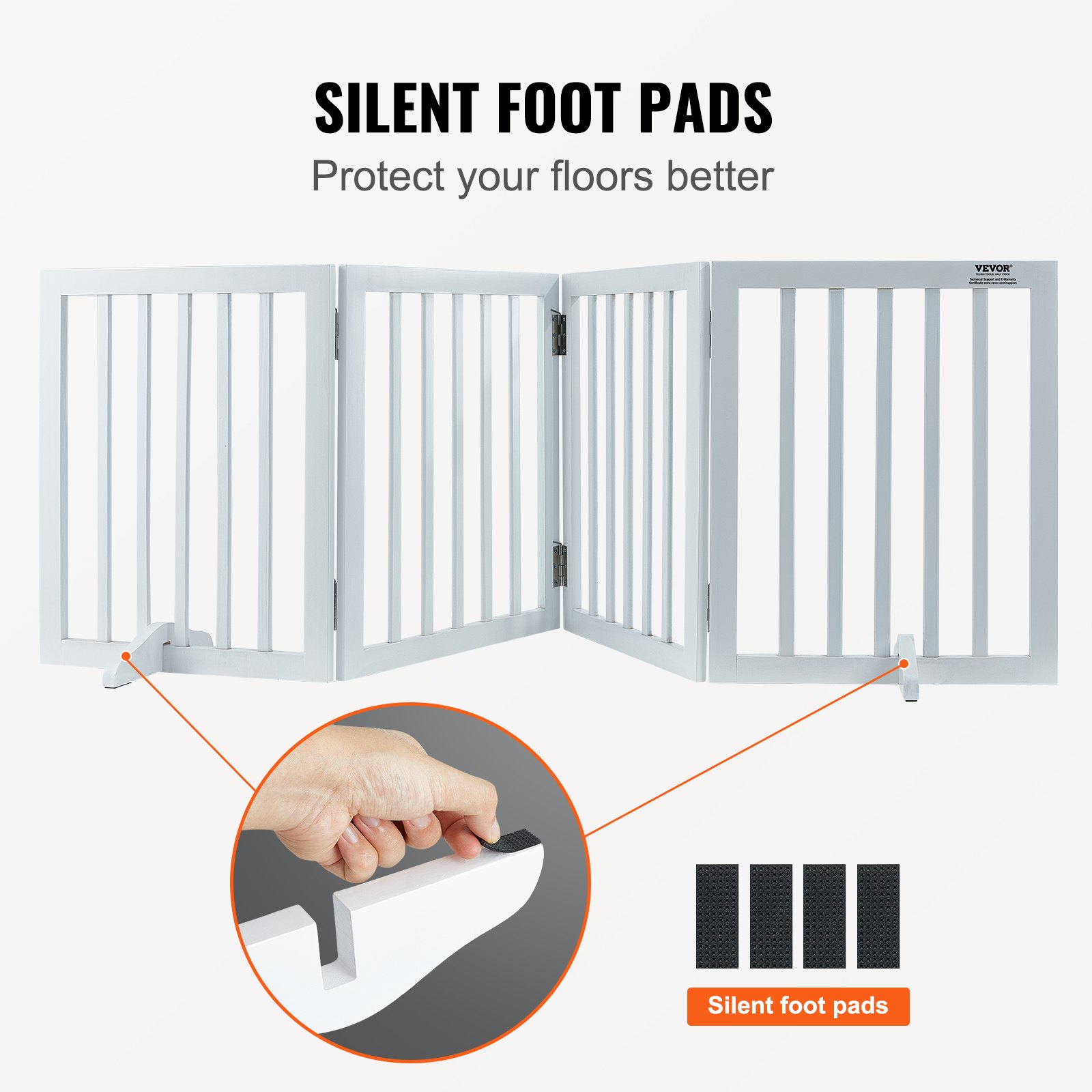 Puerta para Perros Libre de Pie, 24" H x 80.3" A, Barra de Mascotas Freestanding con 4 Paneles Reversible y Plegable para Pasillos Estrechos y Anchos, Barrera Expansiva para Mascotas con Soportes Silenciosos para Interior, Blanco — imagen 5