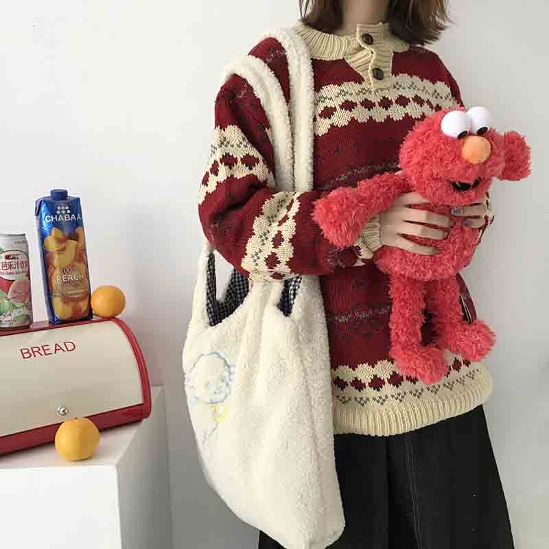 Women Lamb Like Fabric Shoulder Bag Simple Canvas Handbag Tote Large Capacity Embroidery Shopping Bag Cute Book Bags For Girls — image 2