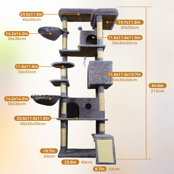 Torre para Gatos Gris Oscuro con Base Ancha, 3 Condos de Escondite Grandes, 11 Postes de Rastrillado Sisal, Escalera de Rastrillado Sisal, 2 Hamacas, Plataforma Superior Grande, Muchos Perch de Aterrizaje y Juguetes Interactivos — imagen 3