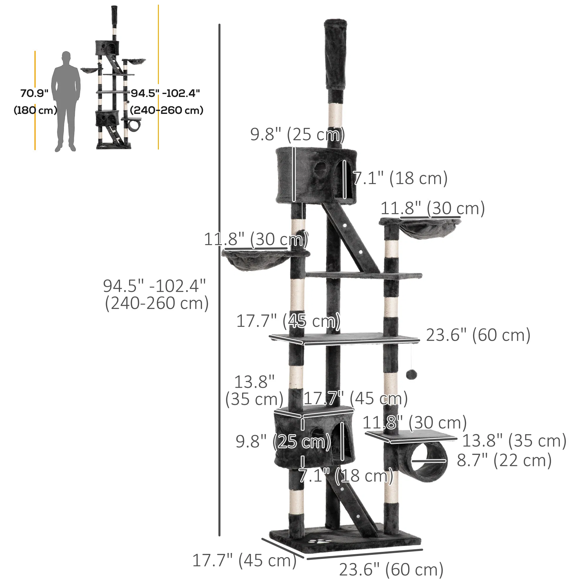 94"-102" Floor to Ceiling Cat Tree High Cat Condo Scratching Post Activity Center Multi-Level Play House Dark Grey — image 6