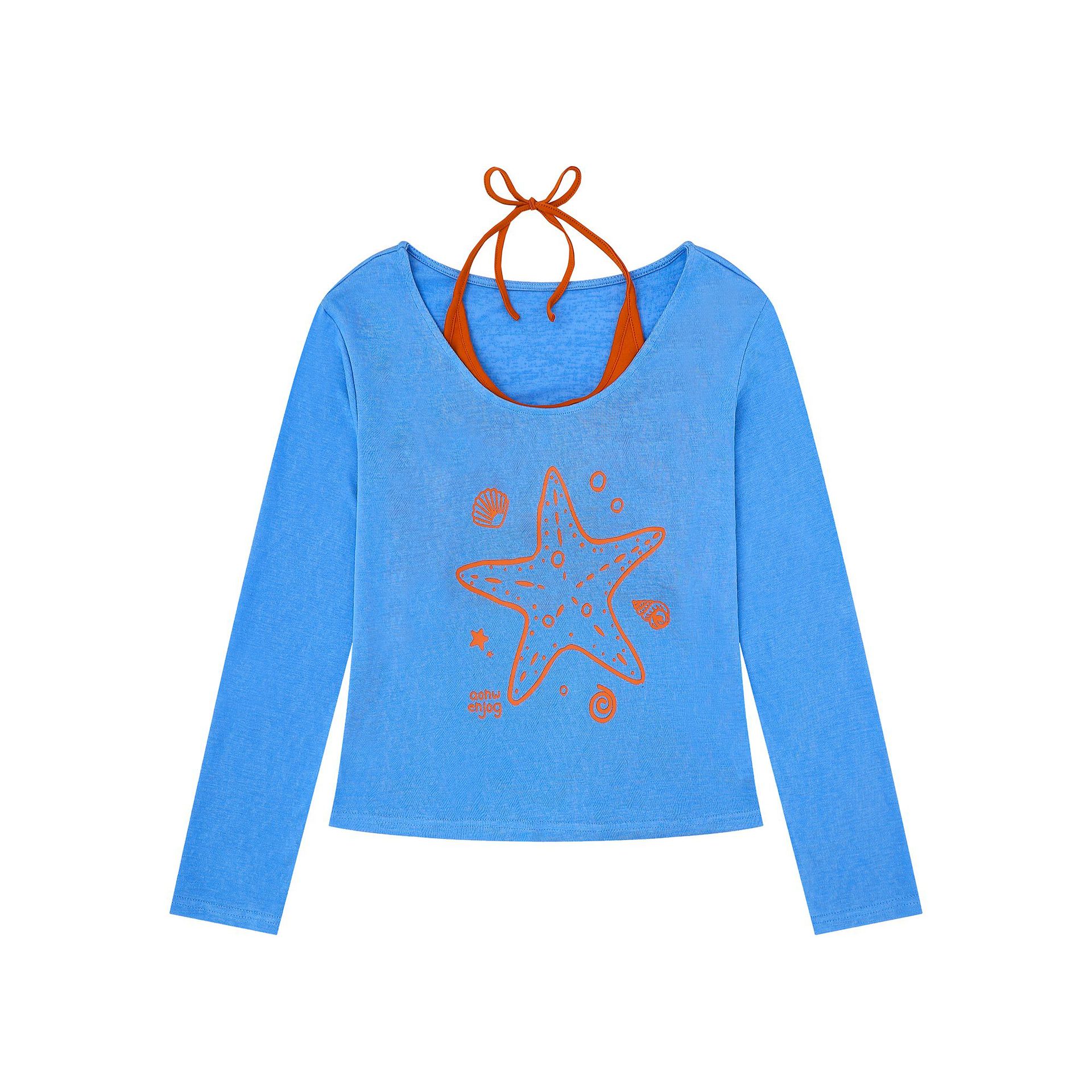 Camiseta de Dos Piezas con Estampado de Estrella de Mar para Mujer, Corte Colorido con Cierre de Faja y Manga Larga — imagen 4