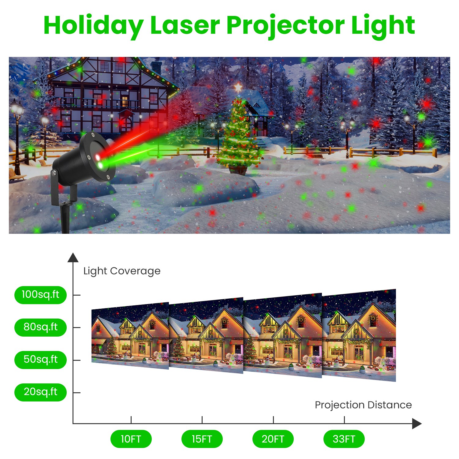 Proyector de Láser Exterior con Proyección Roja y Verde, 3 Modos, 12 Velocidades, 6Hrs Cronómetro IP44 Resistentes a Agua, Fuego de Luciérnaga para Navidad, Halloween, Festividades — imagen 3