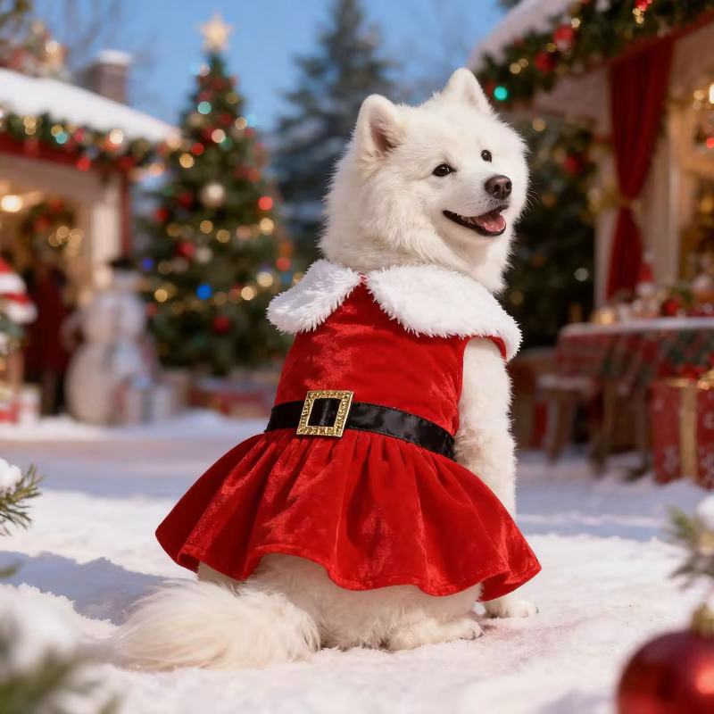 Traje de Navidad para Perros en Tela de Seda Dorada con Cinta Verde y Faldita Princesa — imagen 1