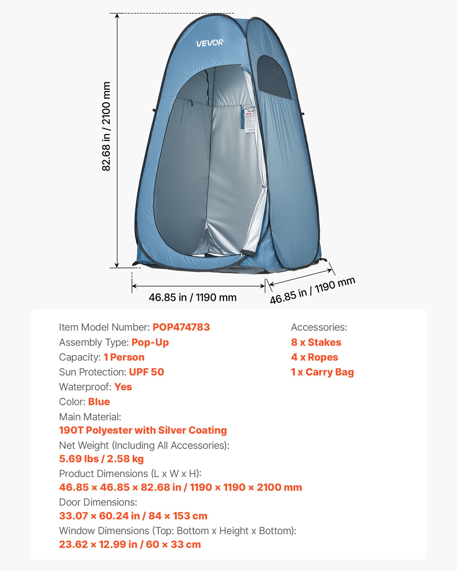 Tenda de Ducha Instantánea, Privacidad Portátil con Estacas y Bolsa de Transporte, 190T Poliéster con Recubrimiento Plateado, Configuración Rápida para Camping, Playa, Pesca, Azul — imagen 1