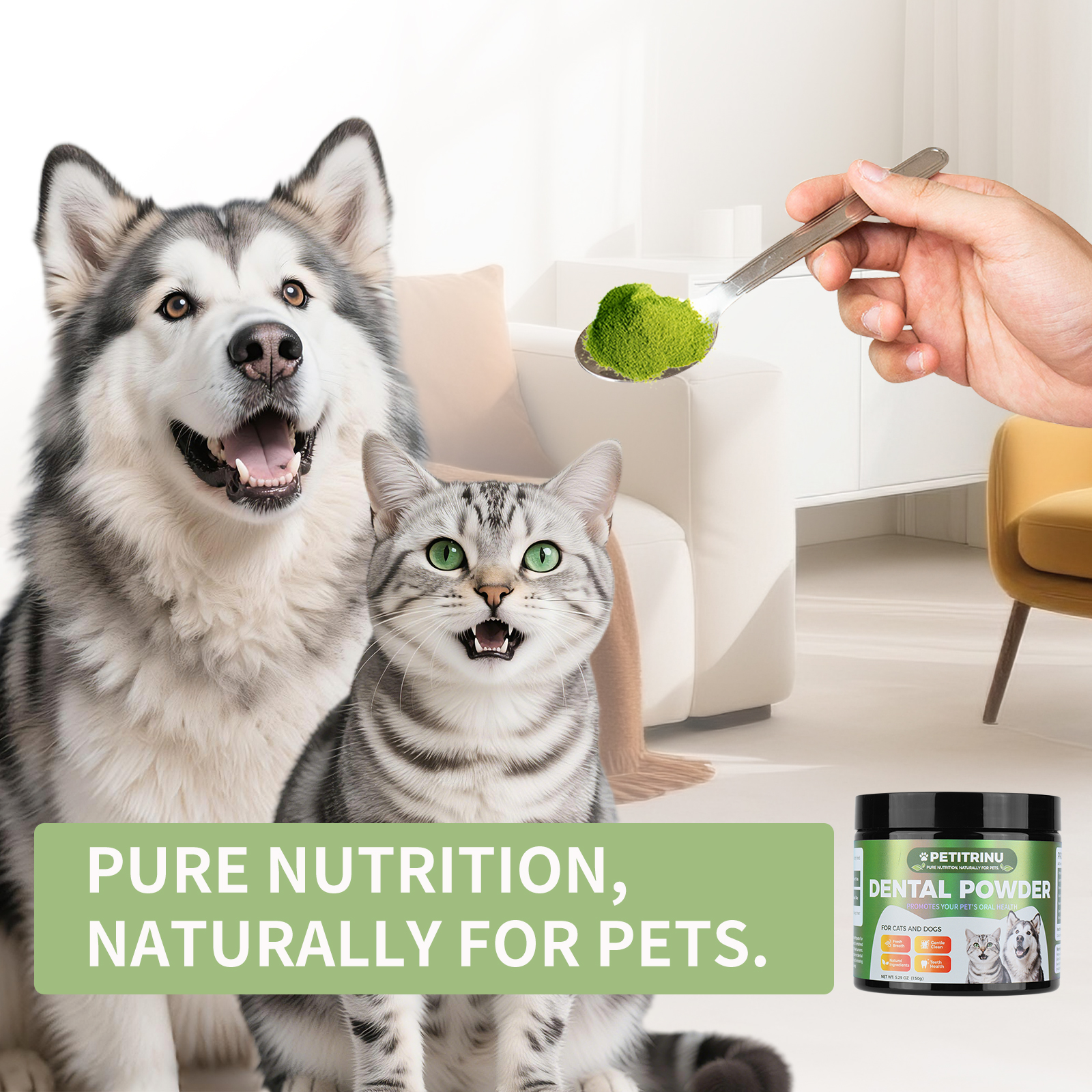 PETITRINU Polvo Dental Natural para Gatos y Perros, Aliento Fresco Higiene Oral Suave Salud de los Dientes 150g — imagen 6