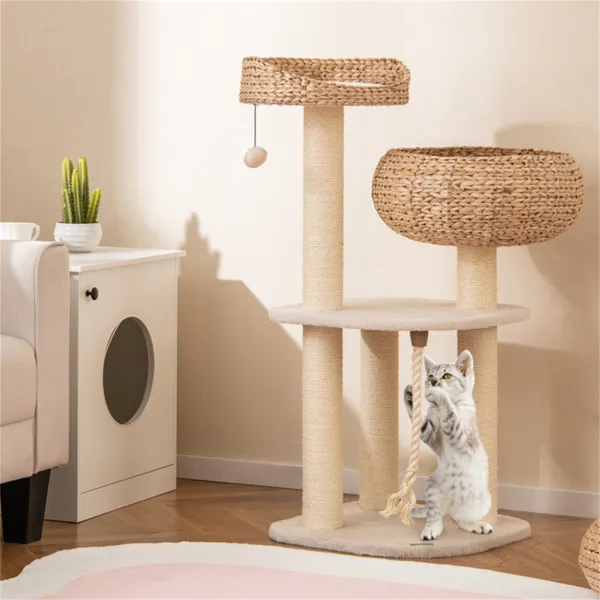Árbol de Gatos tejido a mano con juncos de Hyacinth acuática, 3 postes de sisal para rascar centros de actividad multi-nivel para gatos - Blanco — imagen 6