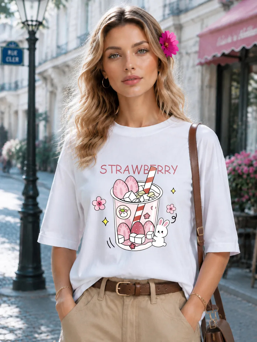 Camiseta de manga corta con patrón de conejo relajada — imagen 7