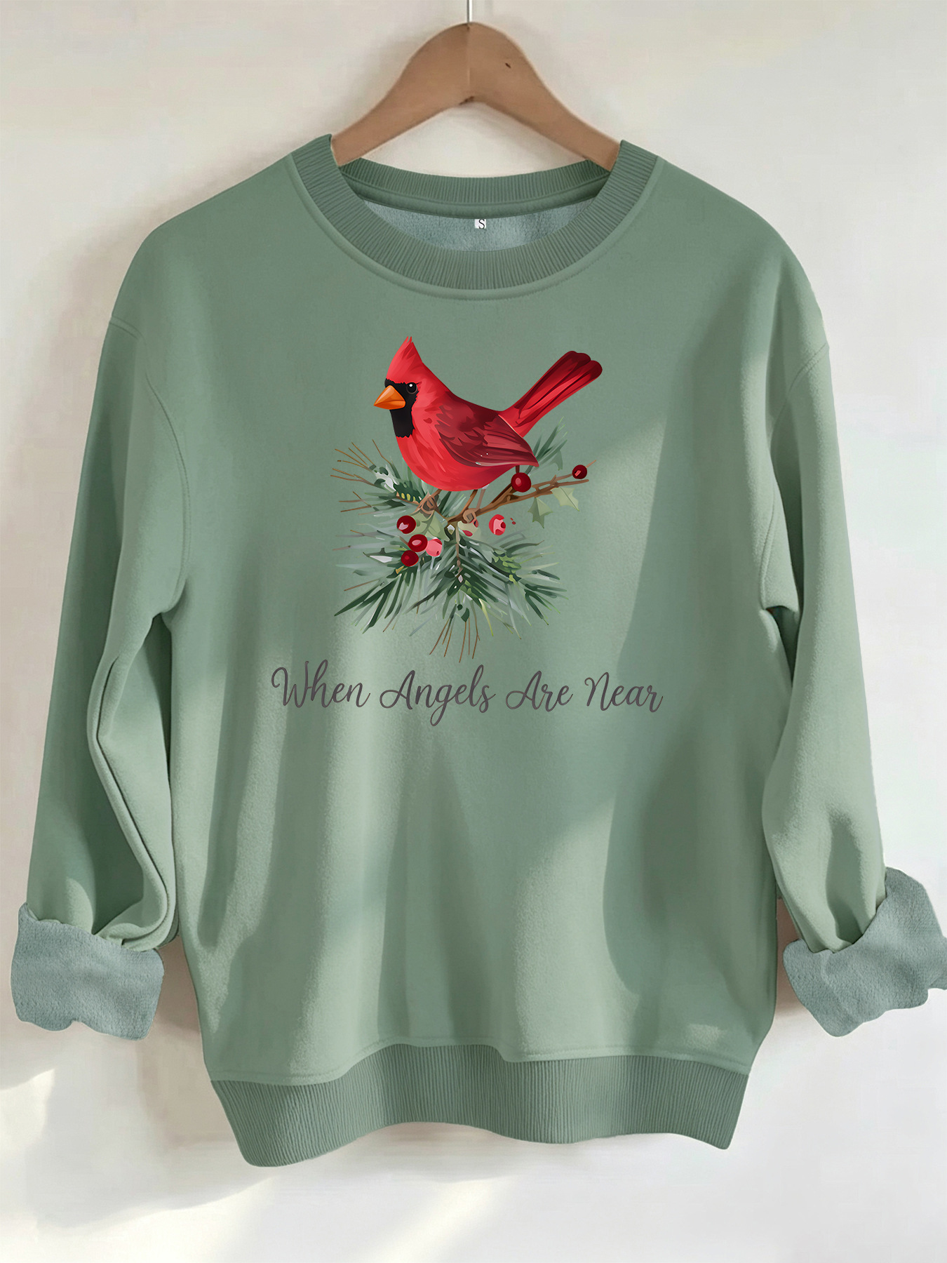 Red bird print round neck fleece hoodie — image 9
