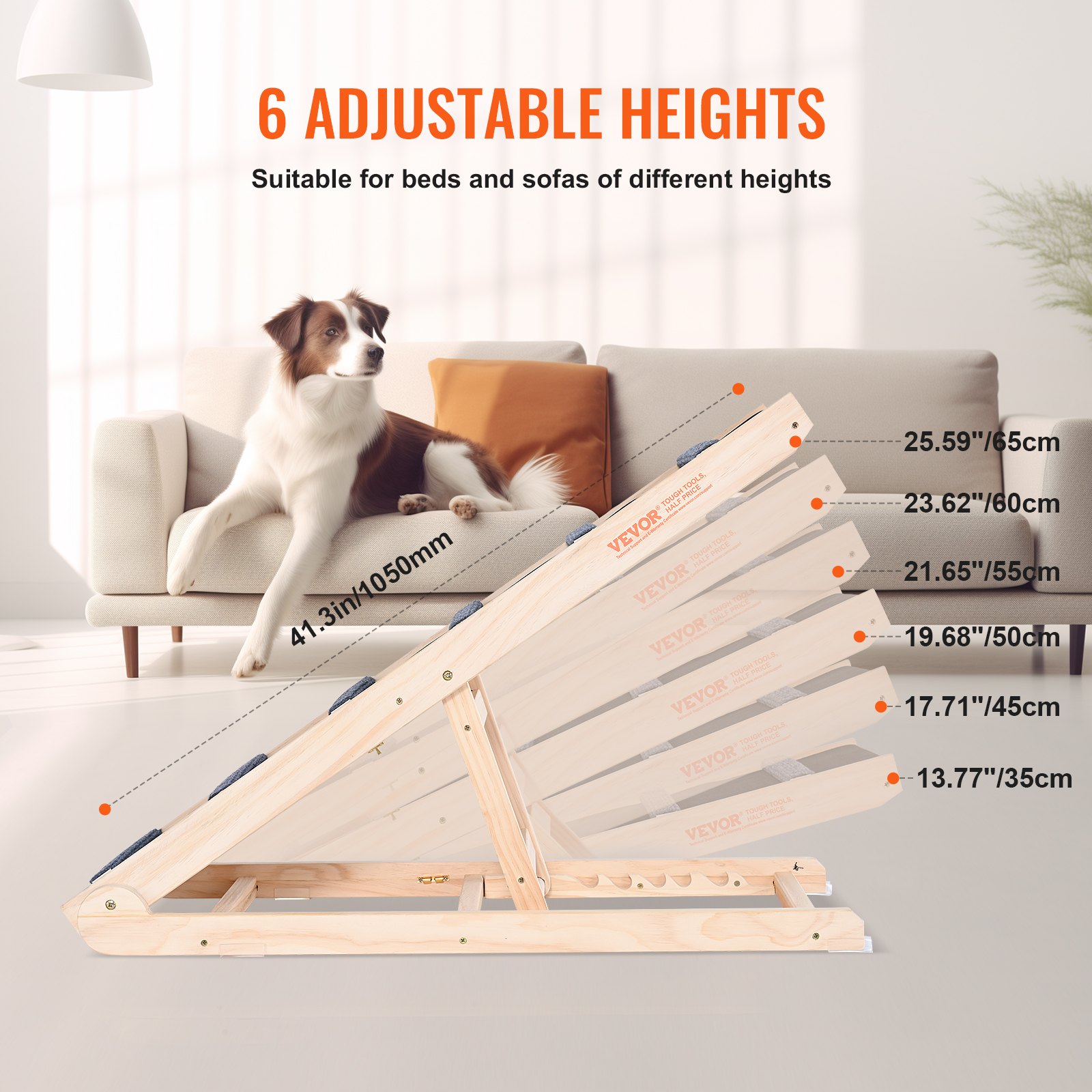 Dog Ramp, Folding Pet Ramp For Bed, Adjustable Dog Ramp For Small, Large, Old Dogs & Cats, Wooden Pet Ramp With 41.3' Long Ramp, Adjustable From 13.77' To 25.59', Suitable For Couch, Sofa, Car — imagen 2
