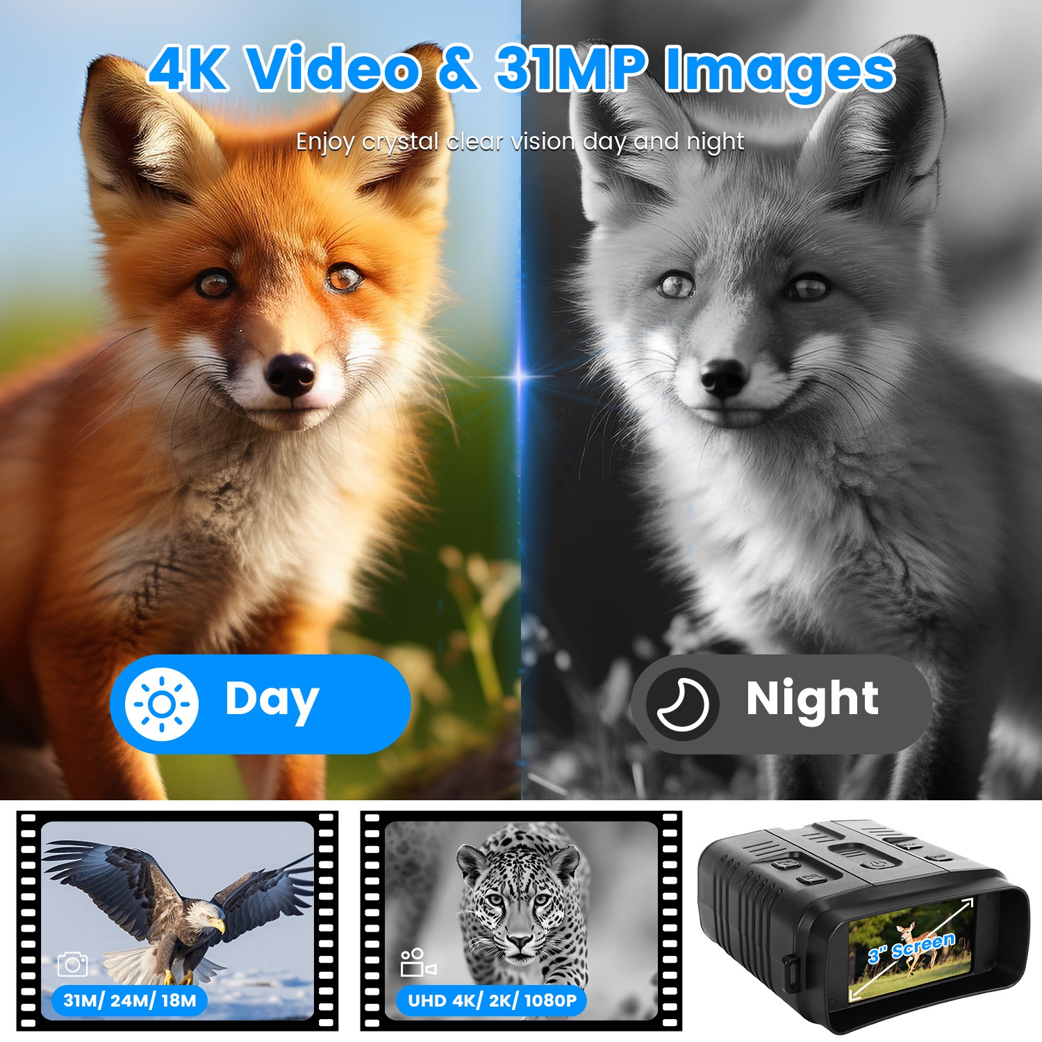 Gafas de Visión Nocturna 4K Binoculares a Todo Color con Zoom 10X, Alcance de Visión de 2624ft, Pantalla de 3in, Tarjeta MMC de 64G, Control por App WIFI, Guarda Fotos y Video, Ideal para Camping, Caza y Seguridad — imagen 15