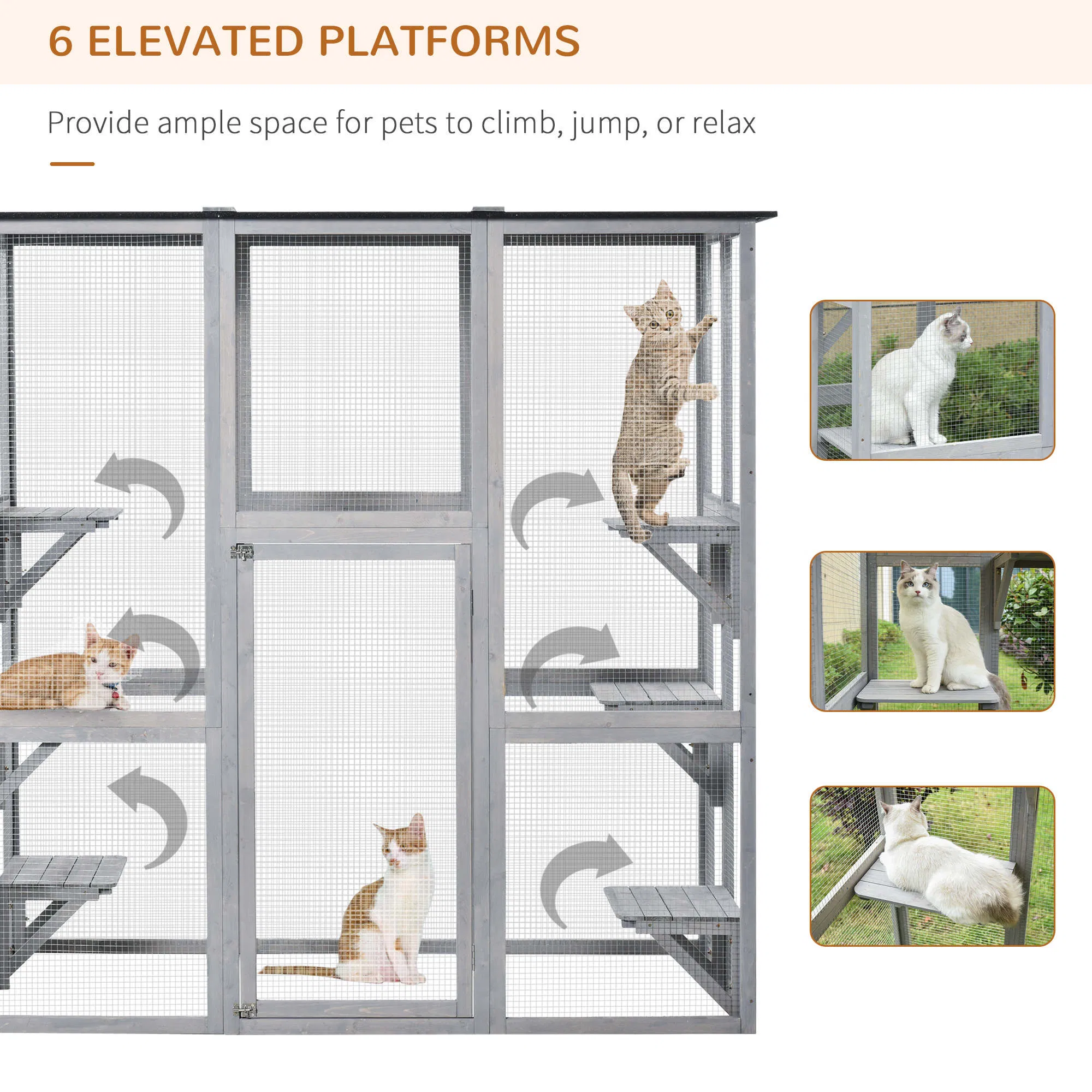 Large Outdoor Catio Enclosure, Weatherproof Cat House with Asphalt Roof, Wooden Cat Patio Cage with 6 Balanced Platforms, 71" x 39" x 71", Grey — image 4