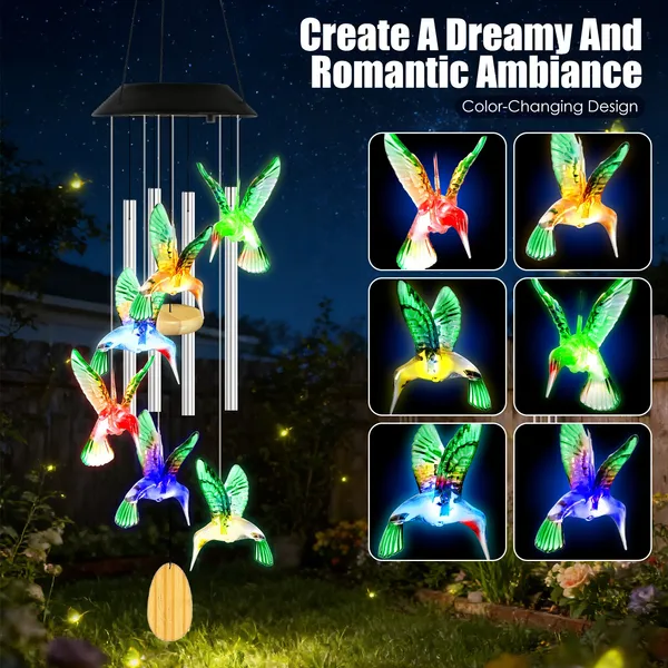 2Pcs Options - Solar Hummingbird Wind Chime With Aluminum Tubes 7 Color Changing Wind Chime For Outside IPX4 Waterproof Outdoor Garden Yard Decor — image 2