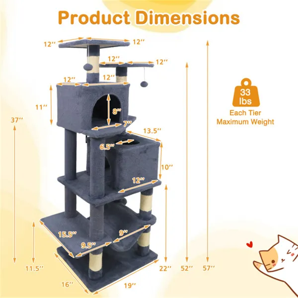 57" Multi-Level Cat Tree For Multi-Cat Households, 2 Condos & Hammock With Sisal Scratching Posts-Gray — image 3