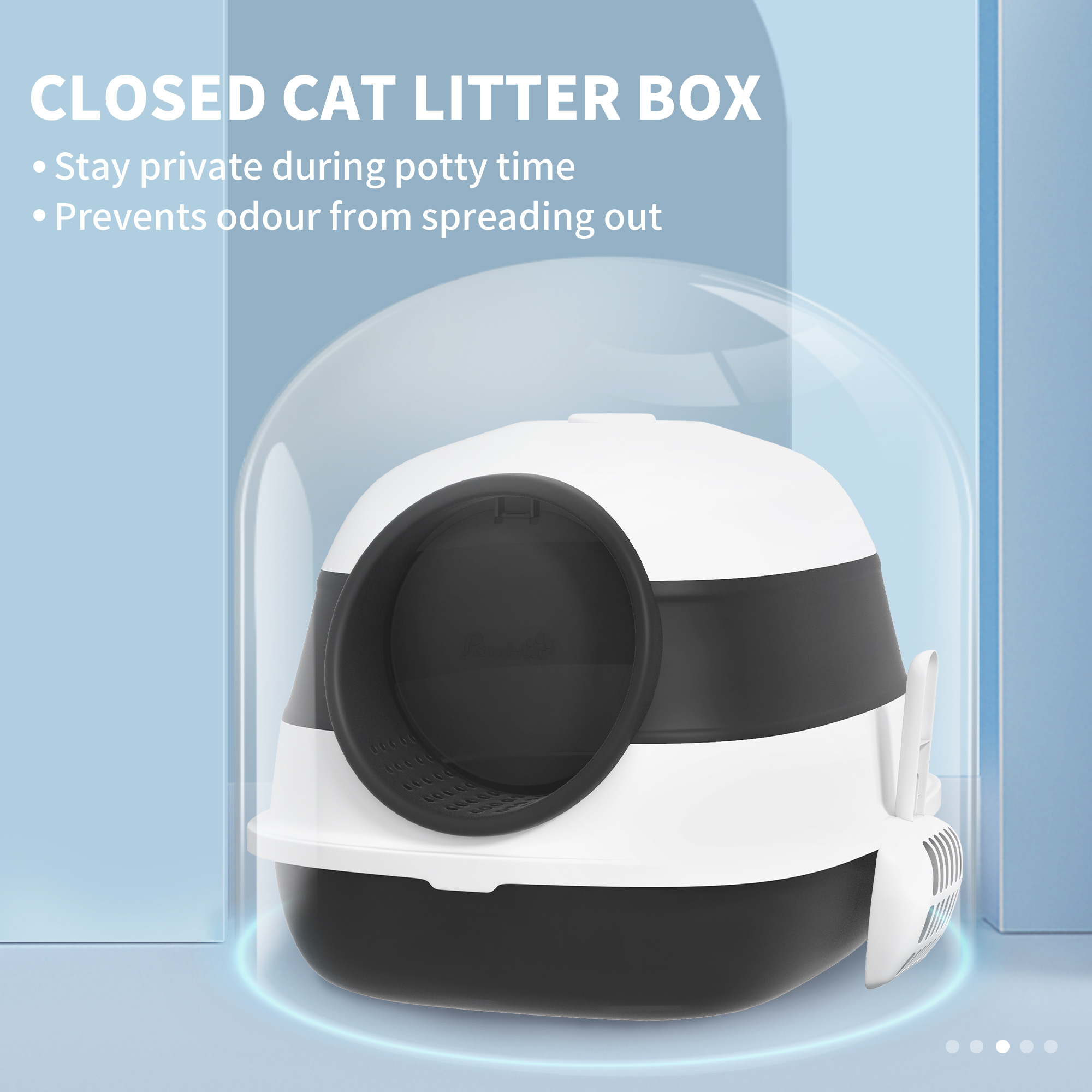 Dome Covered Cat Litter Box with Lid, White and Black — imagen 2