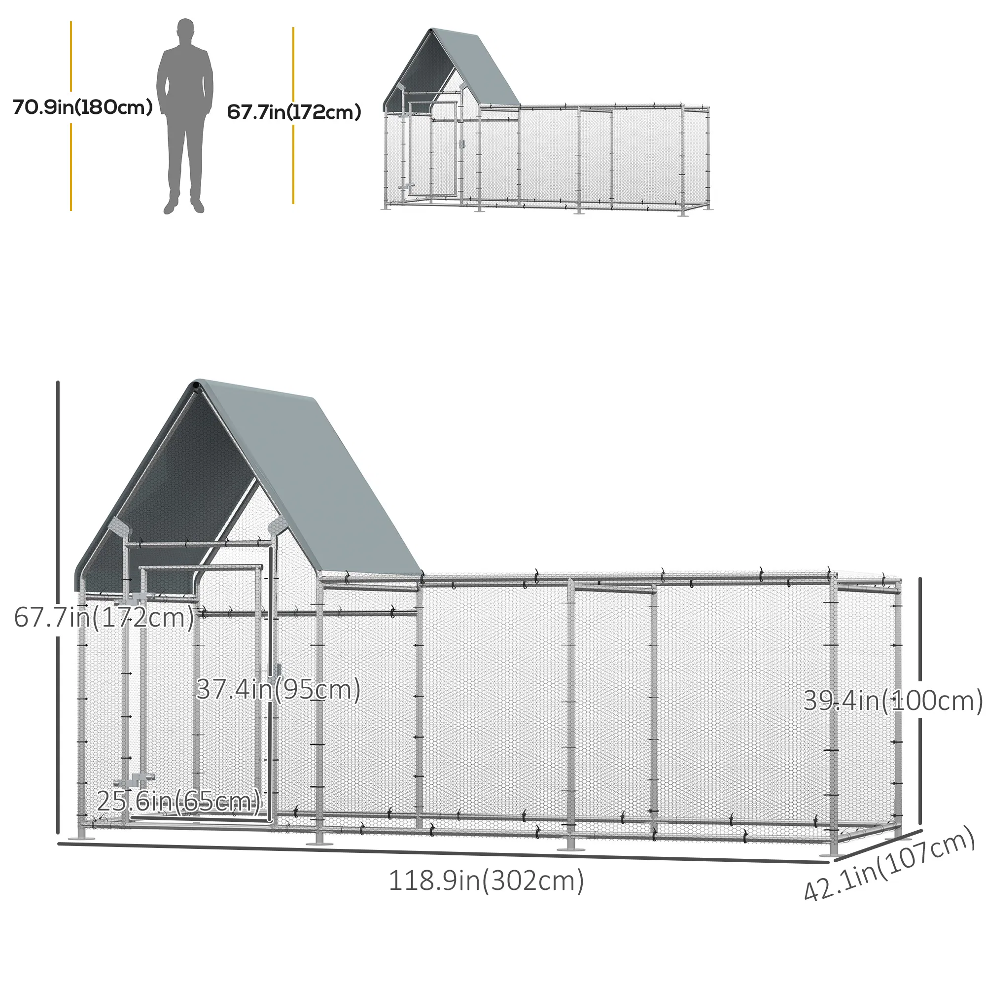 Walk In Chicken Run, Large Galvanized Chicken Coop, Hen Poultry House Cage, Rabbit Hutch Metal Enclosure with Water-Resist Cover for Outdoor Backyard Farm, 119" x 42" x 68" — image 3