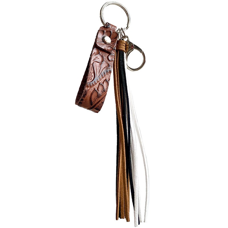 European and American Keyring Retro Embossed Brown Cow Leather Keychain Leather Tassel Personalized Handmade Pendant — image 8