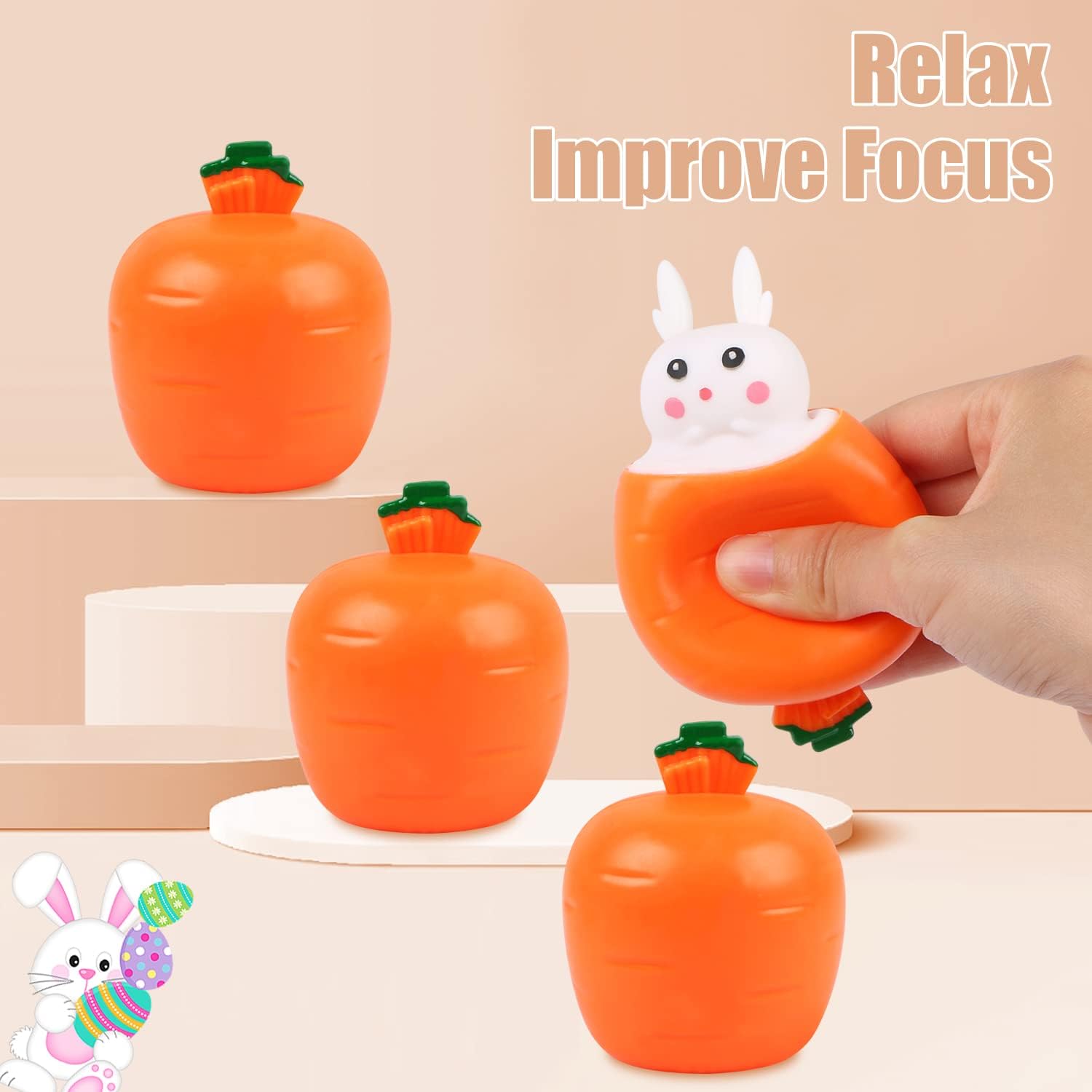 4 Pack Carrot Rabbit Squeeze Stress Balls, Bunny Sensory Fidget Toys, TPR Stress Relief Toys For Kids Adults, Easter Birthday Party Favors For ADD ADHD OCD — image 5