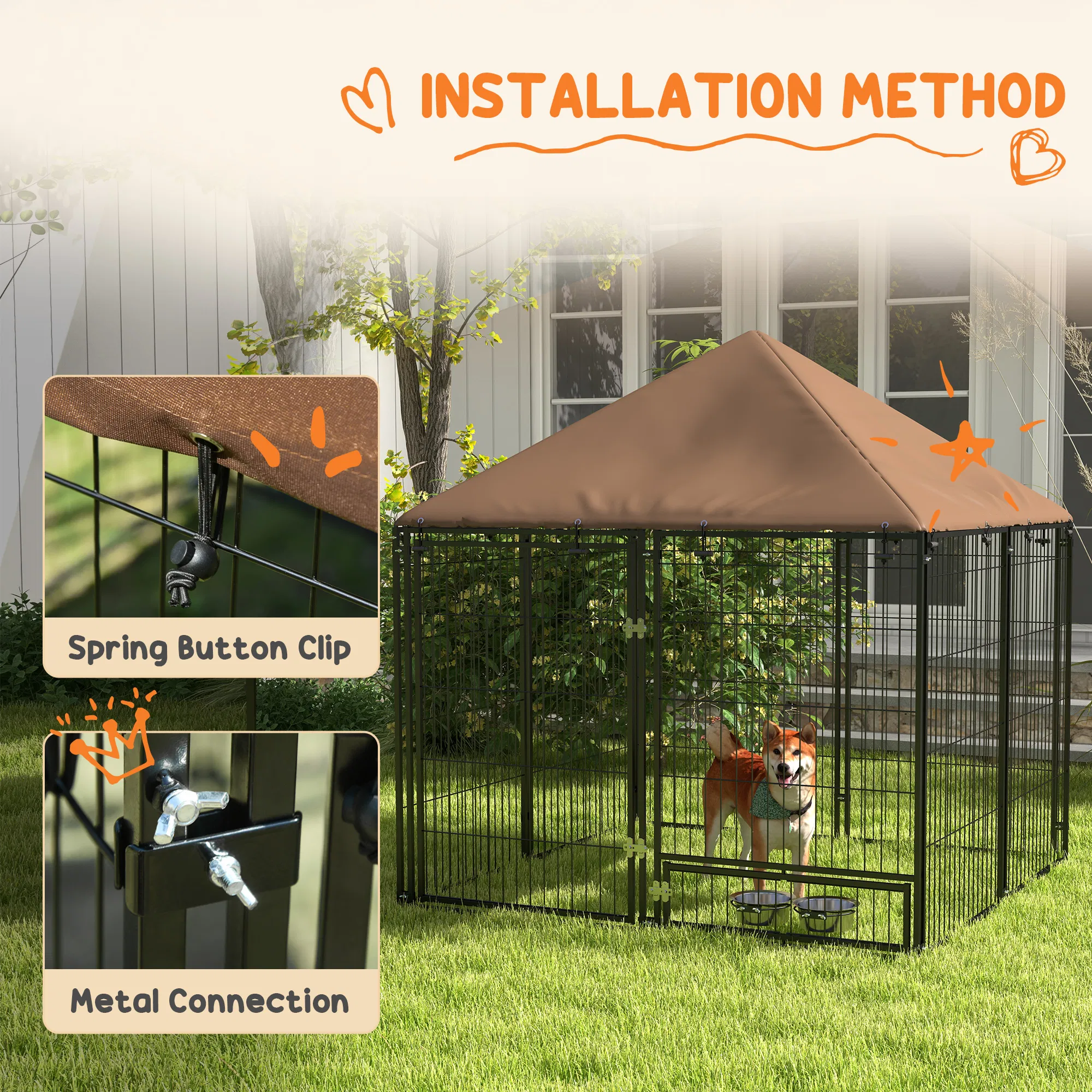4.6' x 4.6' x 5' Outdoor Dog Kennel with Canopy, Rotating Bowls, Coffee — image 4