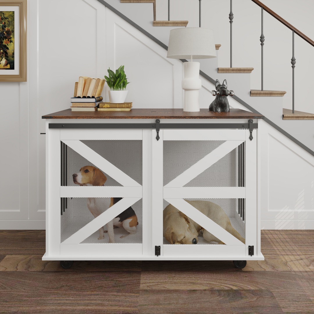 47.2 Mobile Dog Crate With Flip-Top Feeding Door, Dual-Access & 5 Caster System 2 Locking, Side Hooks - Multi-Functional Pet Kennel, double Dog Crate Furniture — image 7
