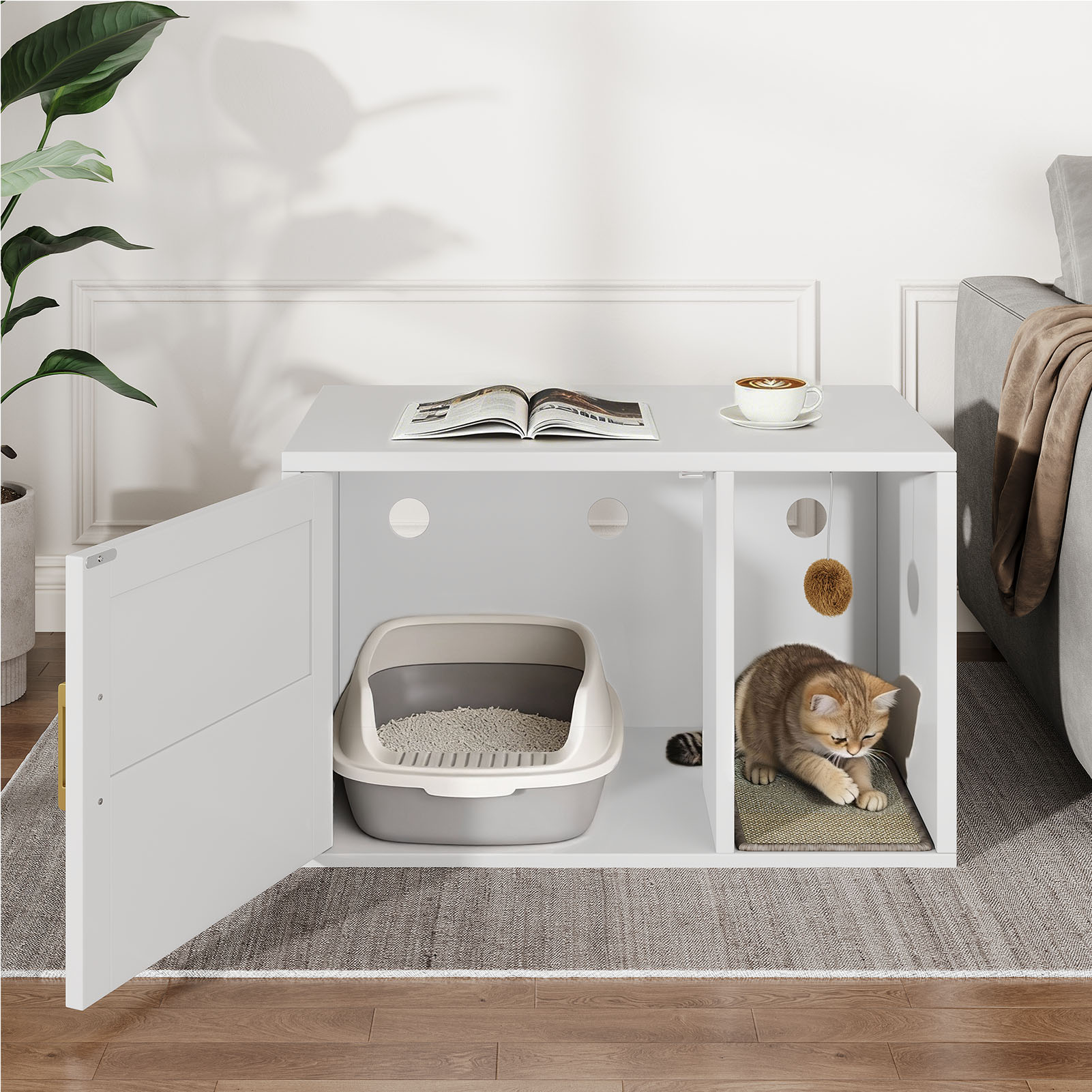 Caja de Limpieza para Gatos Multifuncional de Diseño Blanco Moderno Casa para Gatos con Lavabo y Mesa de Sílabo para Dormitorio y Salón — imagen 11